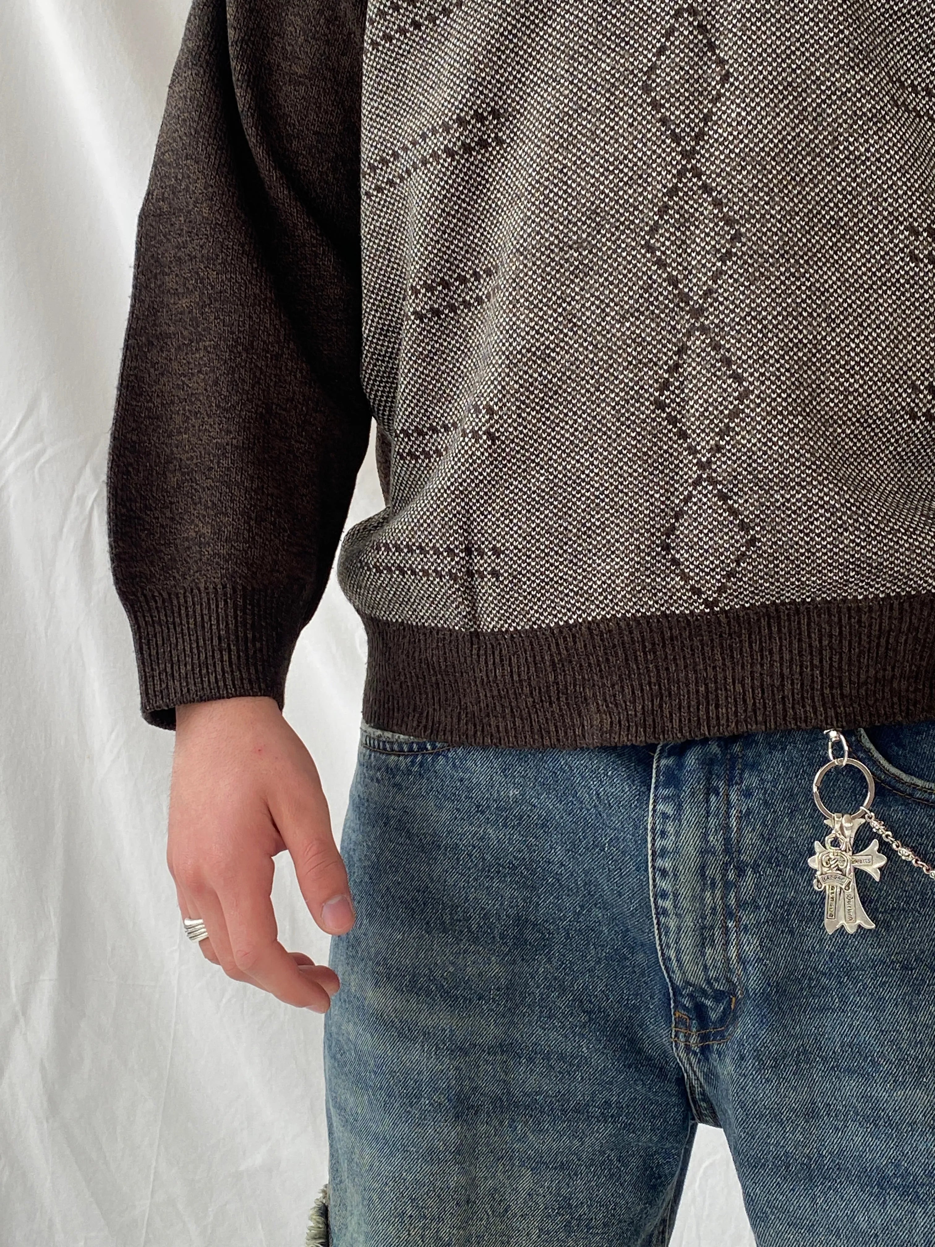 Vintage ÖzSalih Collection Brown Jumper V-Neck Knitted Sweater - M - Balagan Vintage Sweater 90s, Hamza, knit, knitted, knitted sweater, men, streetwear, vintage, vintage sweater, winter