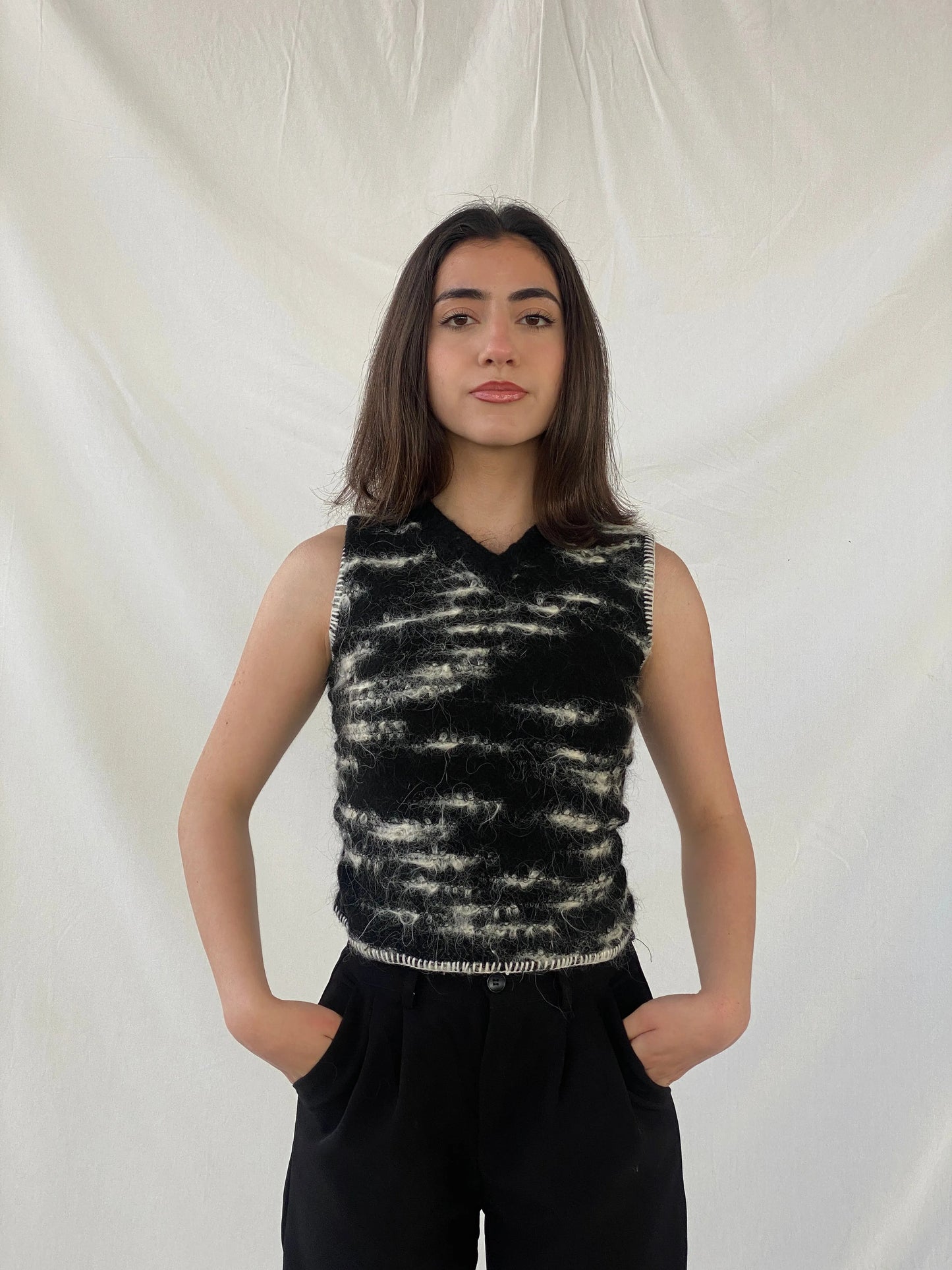 Vintage Paola Frani Black & White Wool Sleeveless Women’s Top - XS - Balagan Vintage Sleeveless Top 90s, Christine, Top, winter, women top