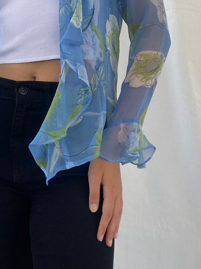 Vintage Penmaris Sheer Blue Floral Green Ruffled Trim Cardigan - M - Balagan Vintage Cardigan 00s, cardigan, Celine, floral, sheer, sheer shirt, women shirt