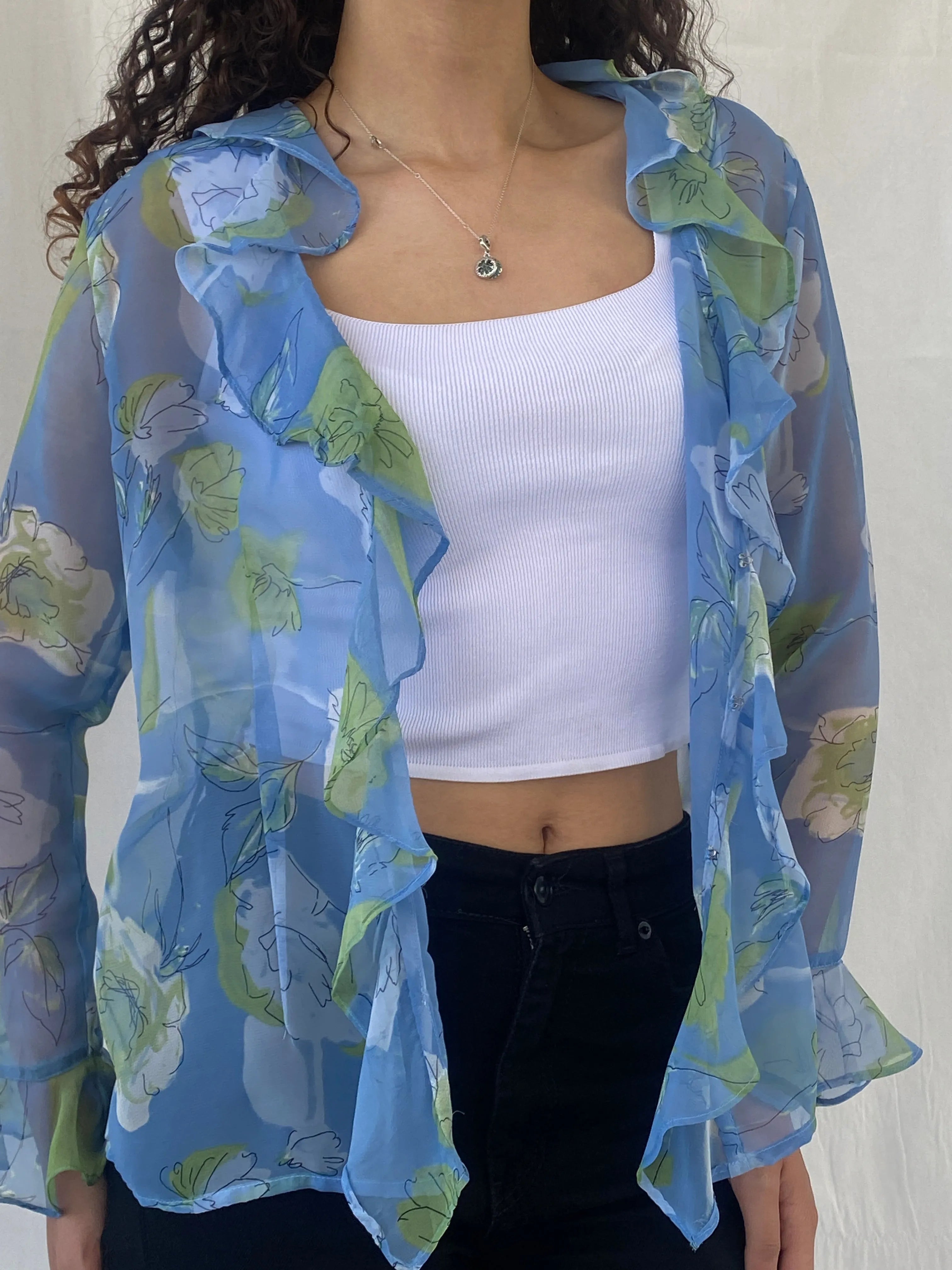 Vintage Penmaris Sheer Blue Floral Green Ruffled Trim Cardigan - M - Balagan Vintage Cardigan 00s, cardigan, Celine, floral, sheer, sheer shirt, women shirt