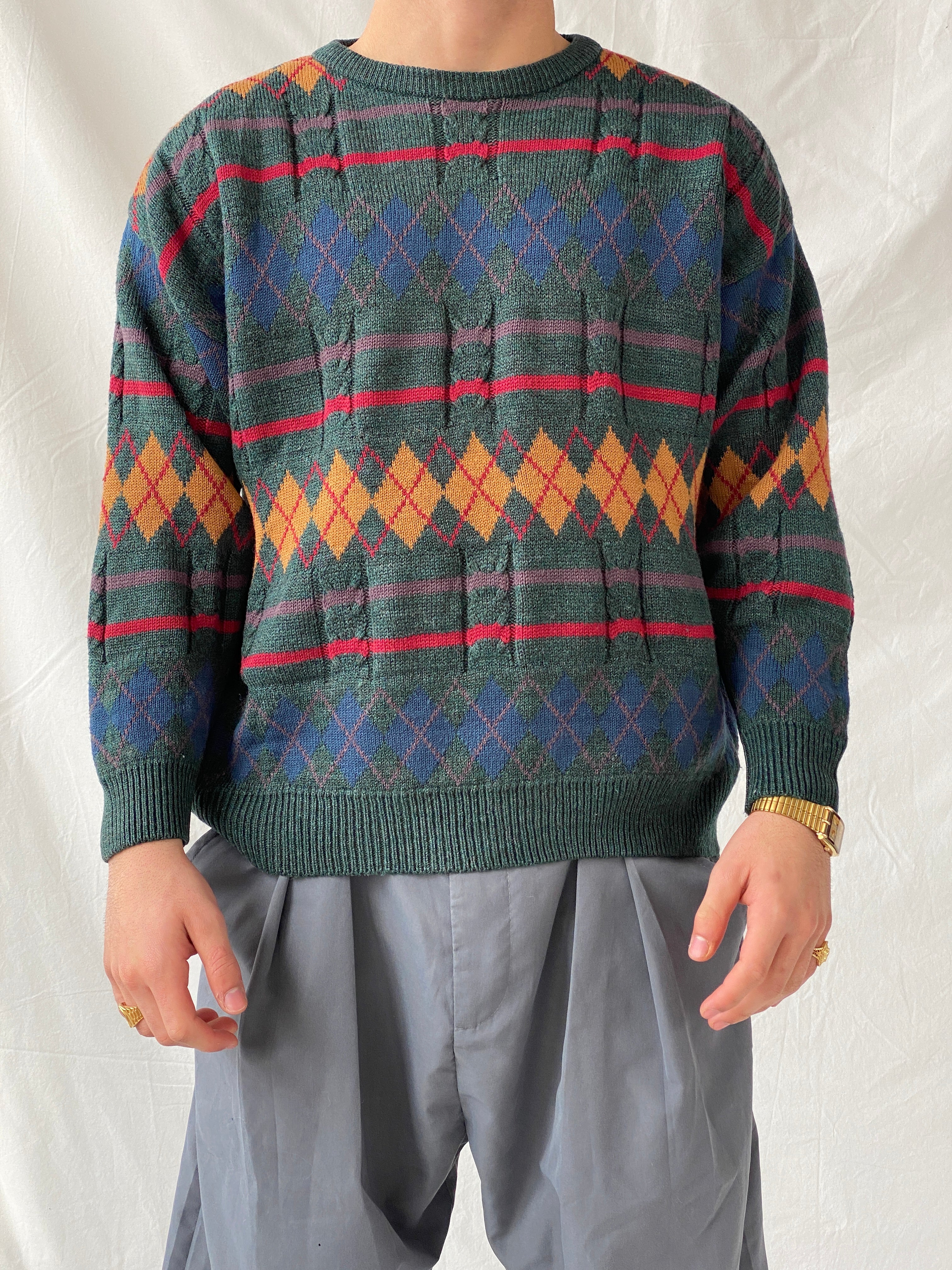 Vintage Peter Gribby Men’s Green Knitted Crew Neck Diamond Print Jumper Sweater - L - Balagan Vintage Sweater 90s, Hamza, knit, knitted, knitted sweater, men, NEW IN, streetwear, vintage, vintage sweater, winter