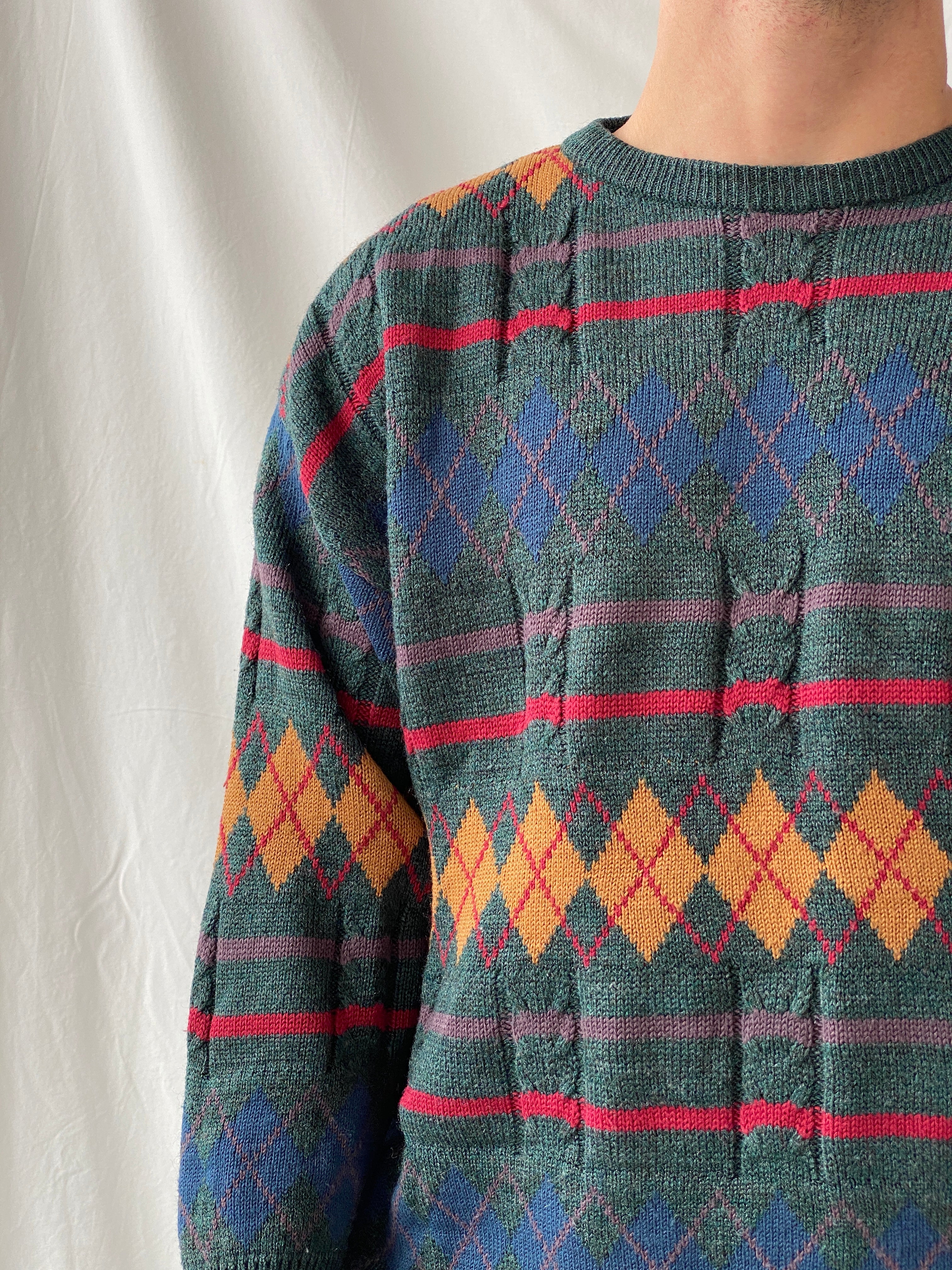 Vintage Peter Gribby Men’s Green Knitted Crew Neck Diamond Print Jumper Sweater - L - Balagan Vintage Sweater 90s, Hamza, knit, knitted, knitted sweater, men, NEW IN, streetwear, vintage, vintage sweater, winter