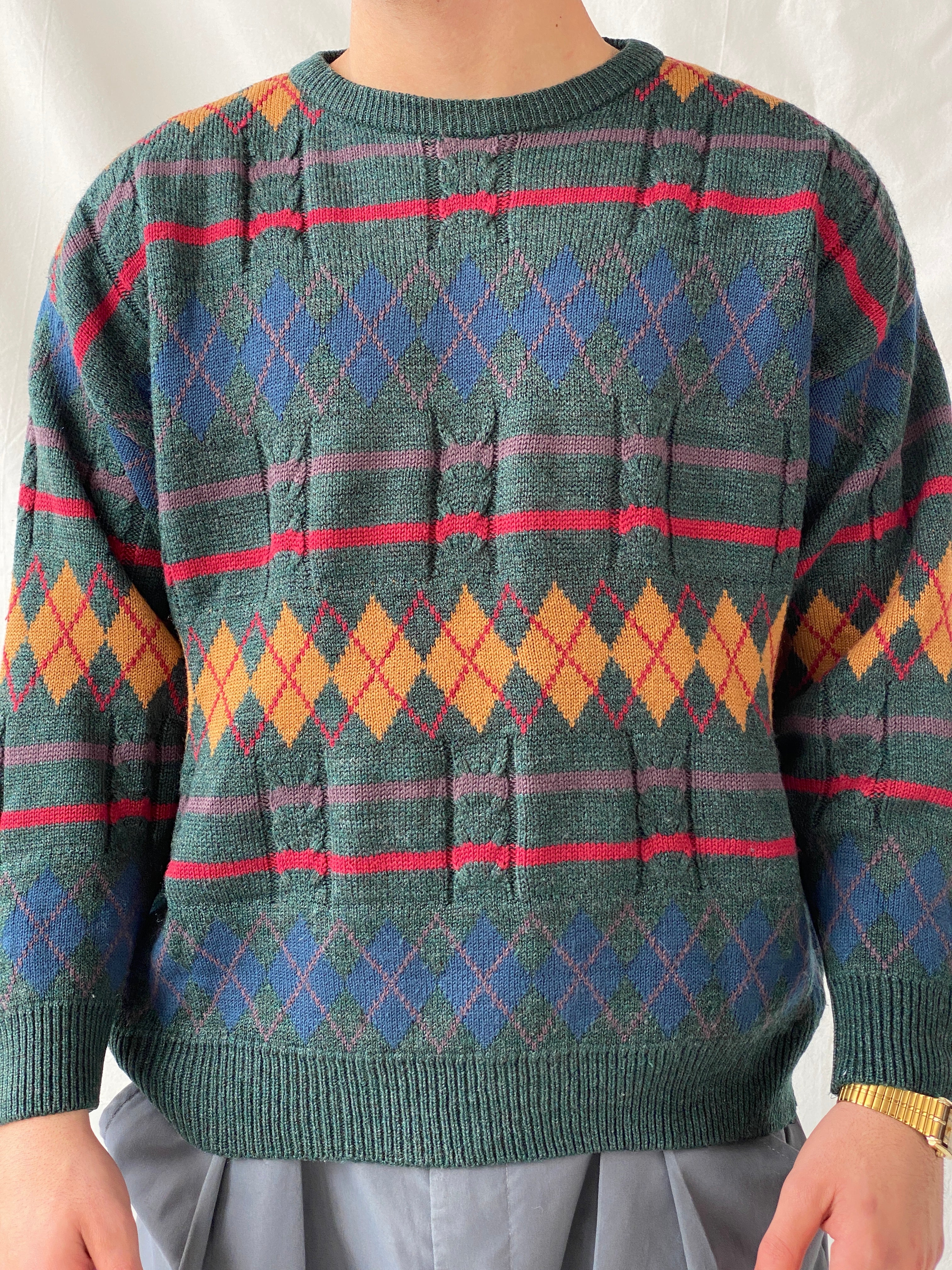 Vintage Peter Gribby Men’s Green Knitted Crew Neck Diamond Print Jumper Sweater - L - Balagan Vintage Sweater 90s, Hamza, knit, knitted, knitted sweater, men, NEW IN, streetwear, vintage, vintage sweater, winter