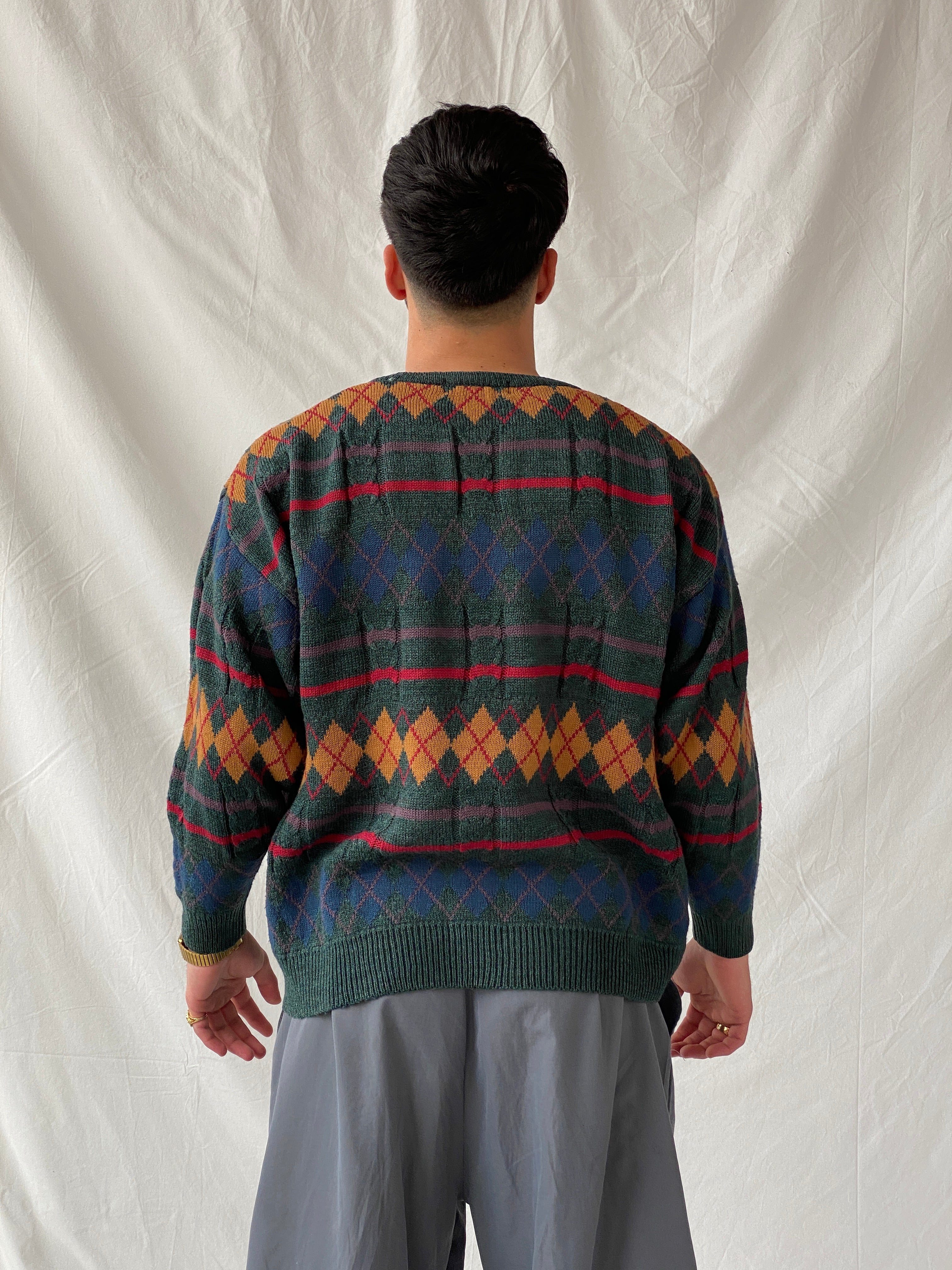 Vintage Peter Gribby Men’s Green Knitted Crew Neck Diamond Print Jumper Sweater - L - Balagan Vintage Sweater 90s, Hamza, knit, knitted, knitted sweater, men, NEW IN, streetwear, vintage, vintage sweater, winter