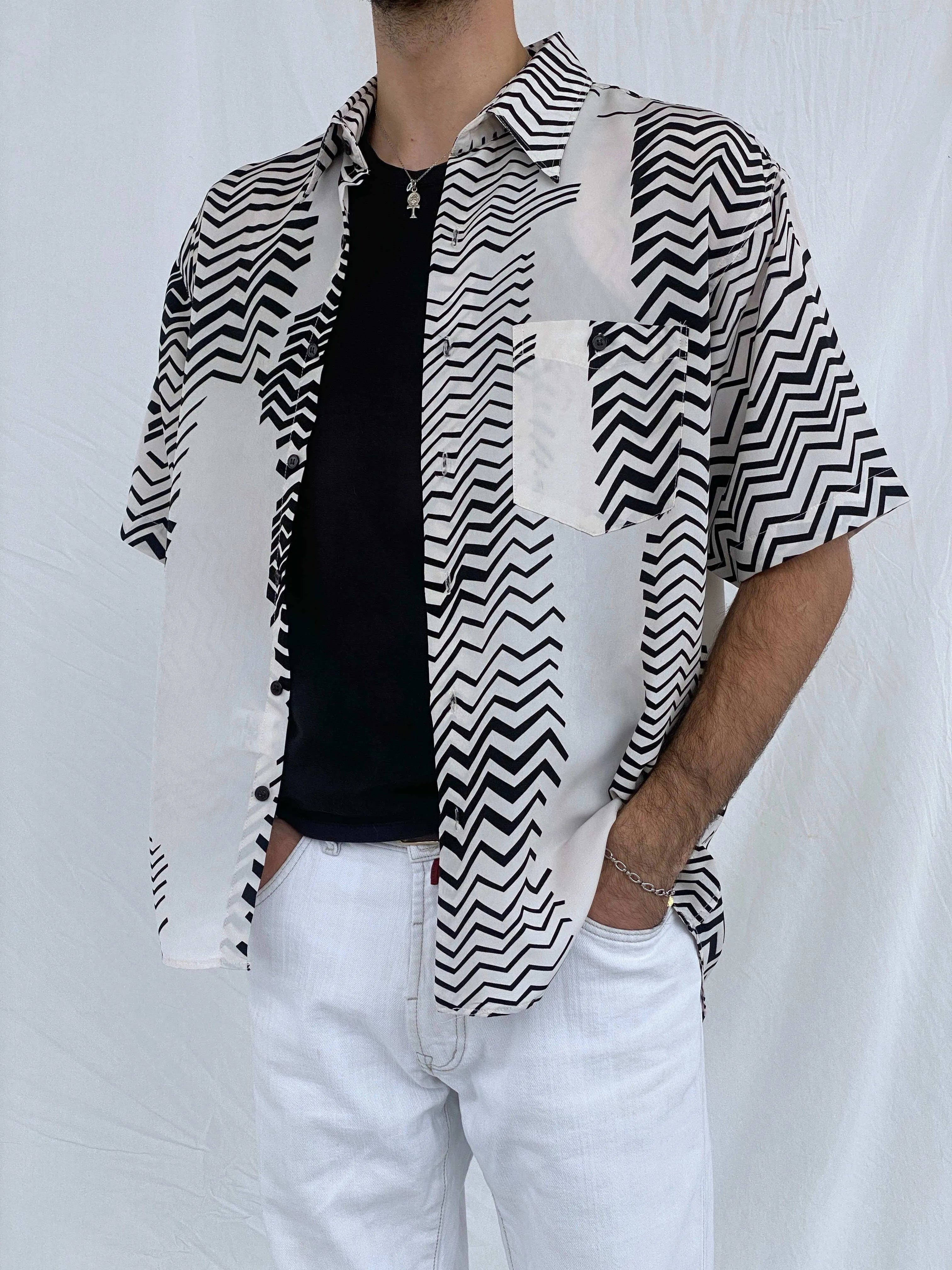 Vintage Pierre L’Amour Black and White Silk Shirt Size XL - Balagan Vintage Half Sleeve Shirt 00s, 90s, Awsam, half sleeve shirt, printed shirt