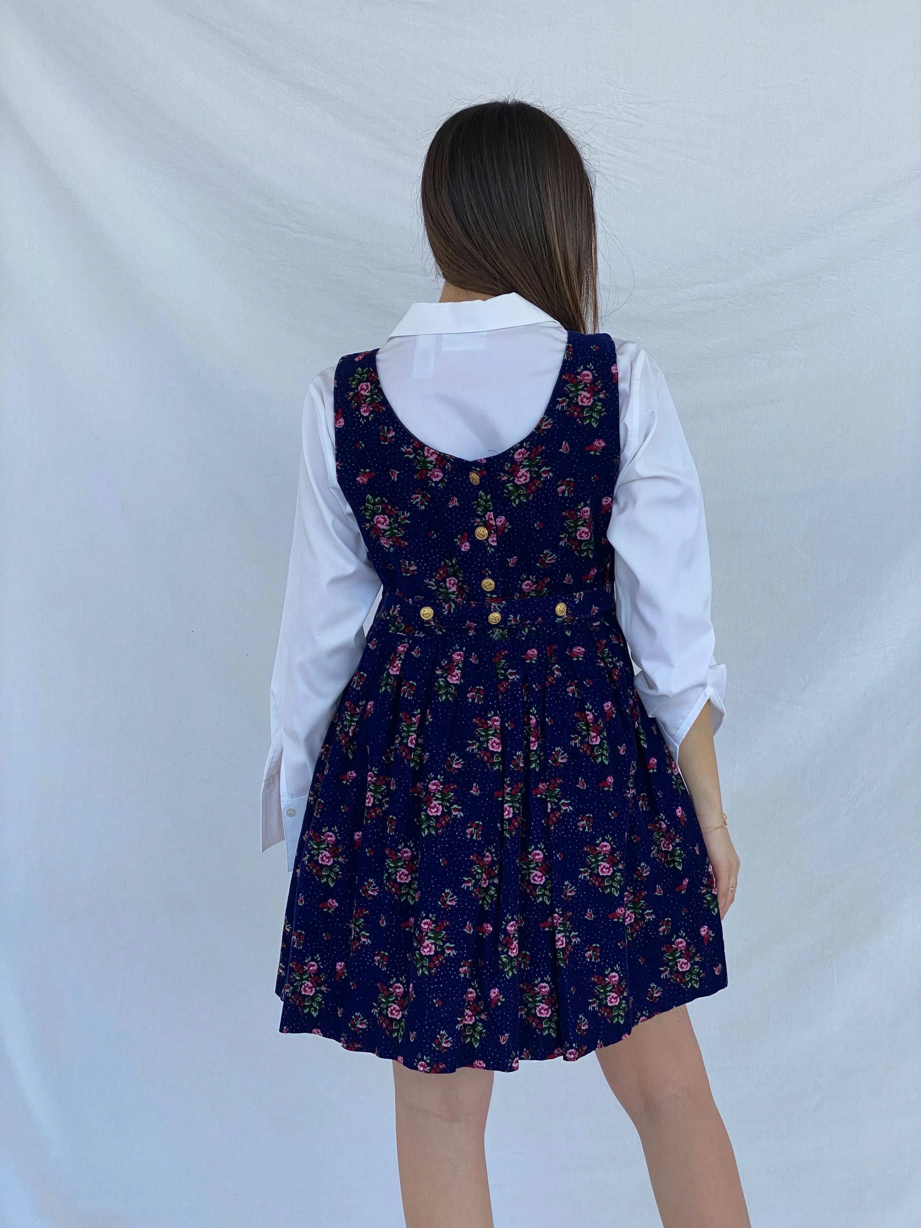 Vintage Pomponi Floral Navy Corduroy Dress Size L - Balagan Vintage Mini Dress 90s, corduroy, dress, floral, floral dress, floral print, Juana, maxi dress