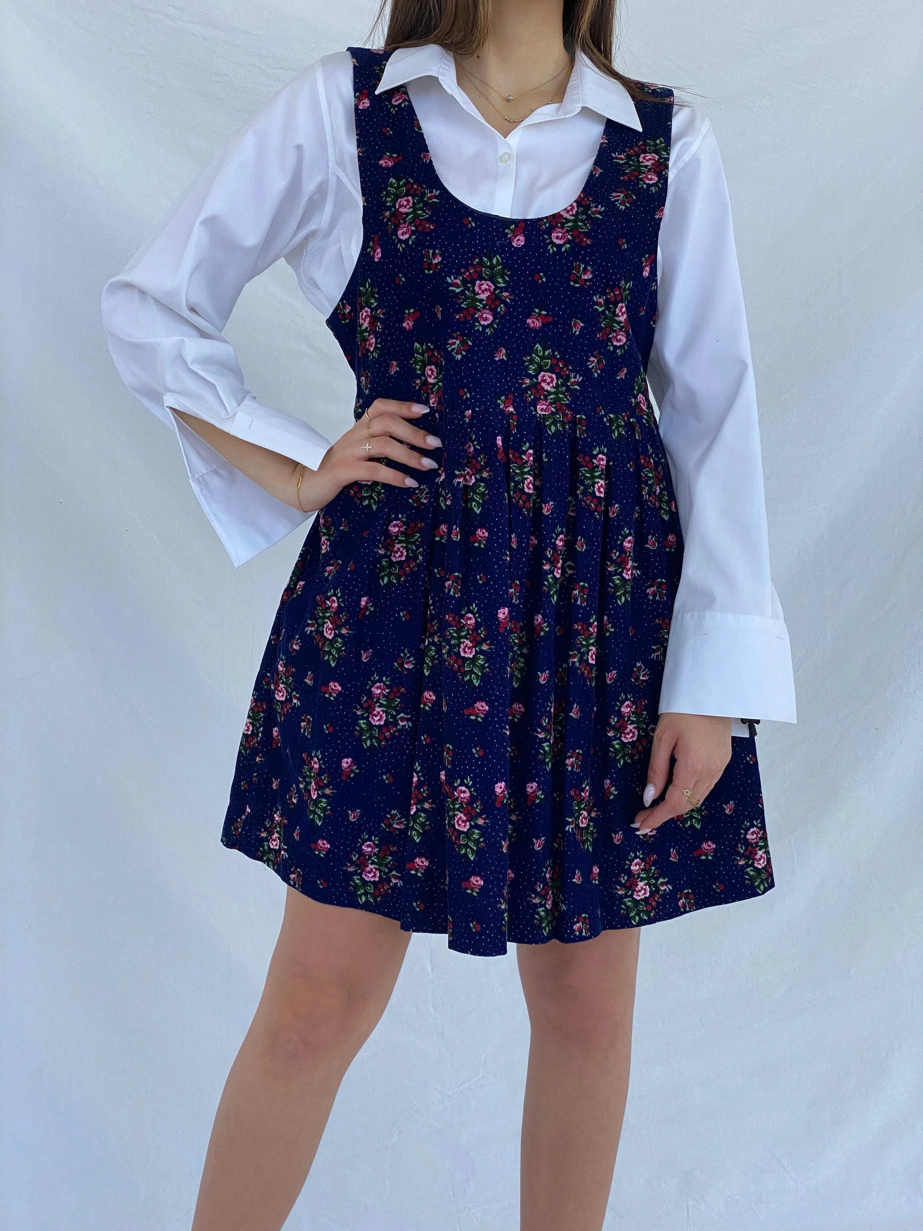 Vintage Pomponi Floral Navy Corduroy Dress Size L - Balagan Vintage Mini Dress 90s, corduroy, dress, floral, floral dress, floral print, Juana, maxi dress