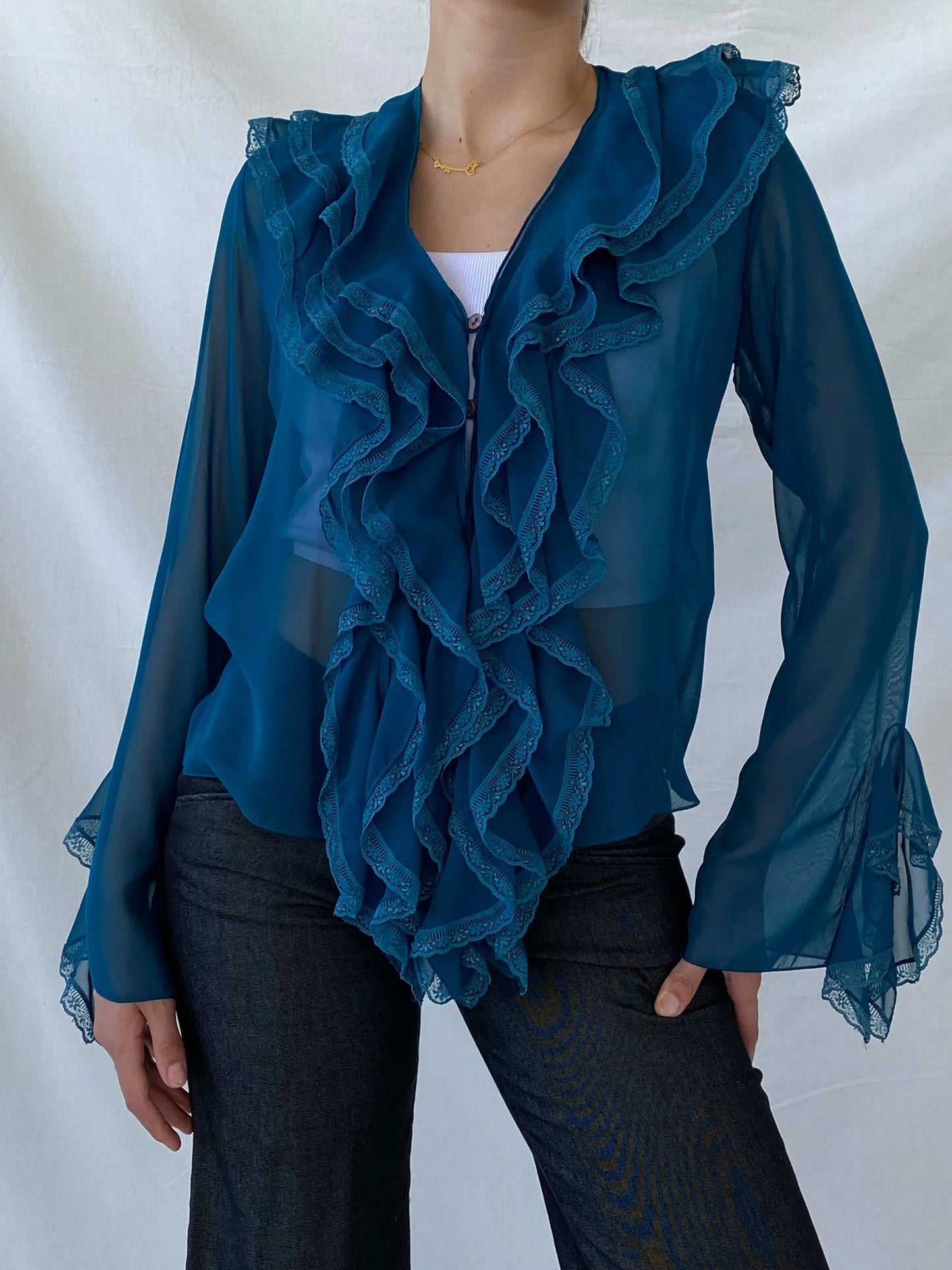 Vintage PORTRE Blue Ruffled Lace Collar Bell Sleeve Blouse - S - Balagan Vintage Full Sleeve Shirt 90s, full sleeve shirt, Mira, Office core, winter