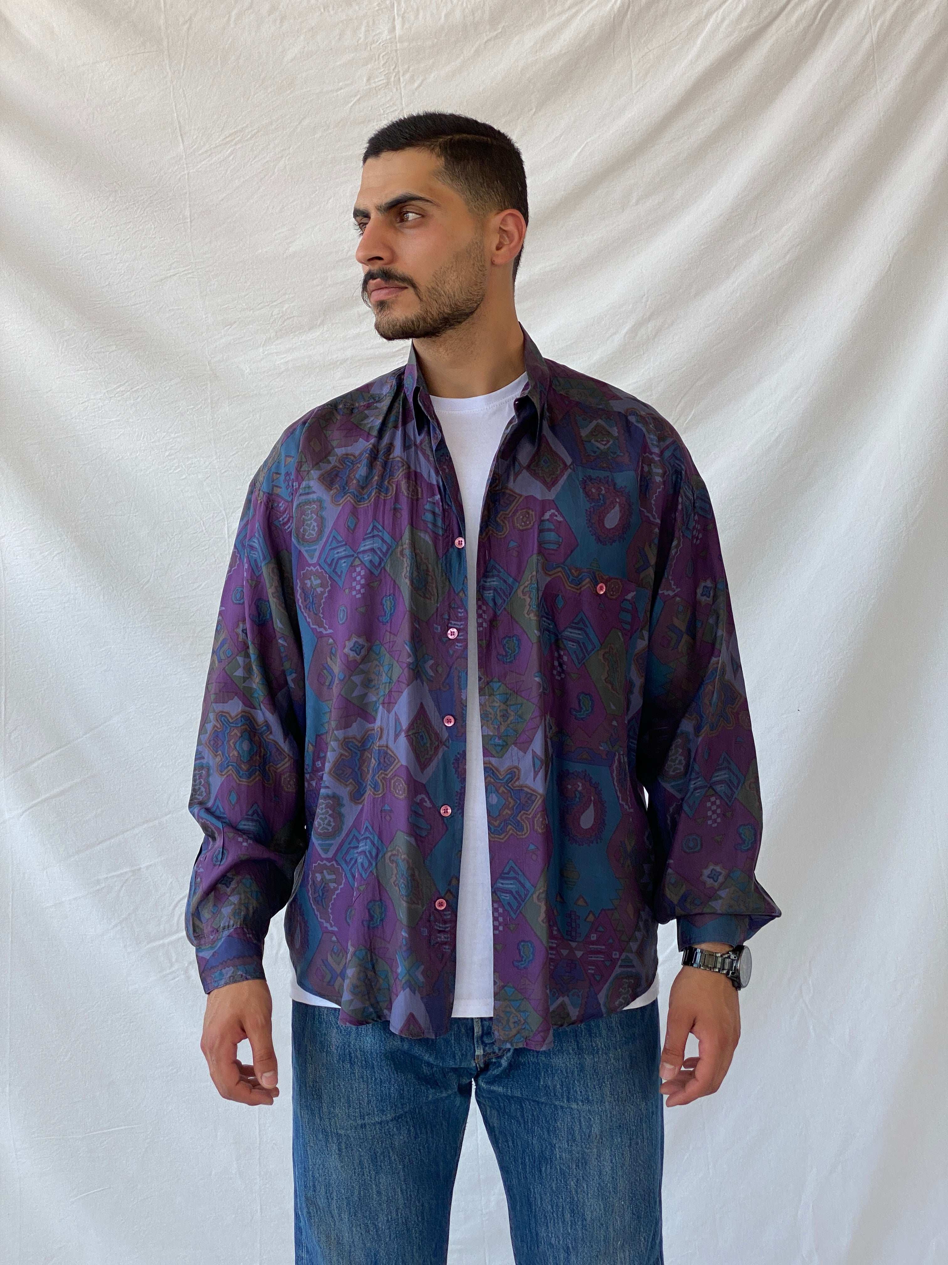 Vintage Protest Abstract Boho Print Purple Men’s Button-Up Silk Shirt - L - Balagan Vintage Full Sleeve Shirt 90s, half sleeve shirt, mens shirt, printed shirt, printed silk shirt, Ramez, silk, silk shirt