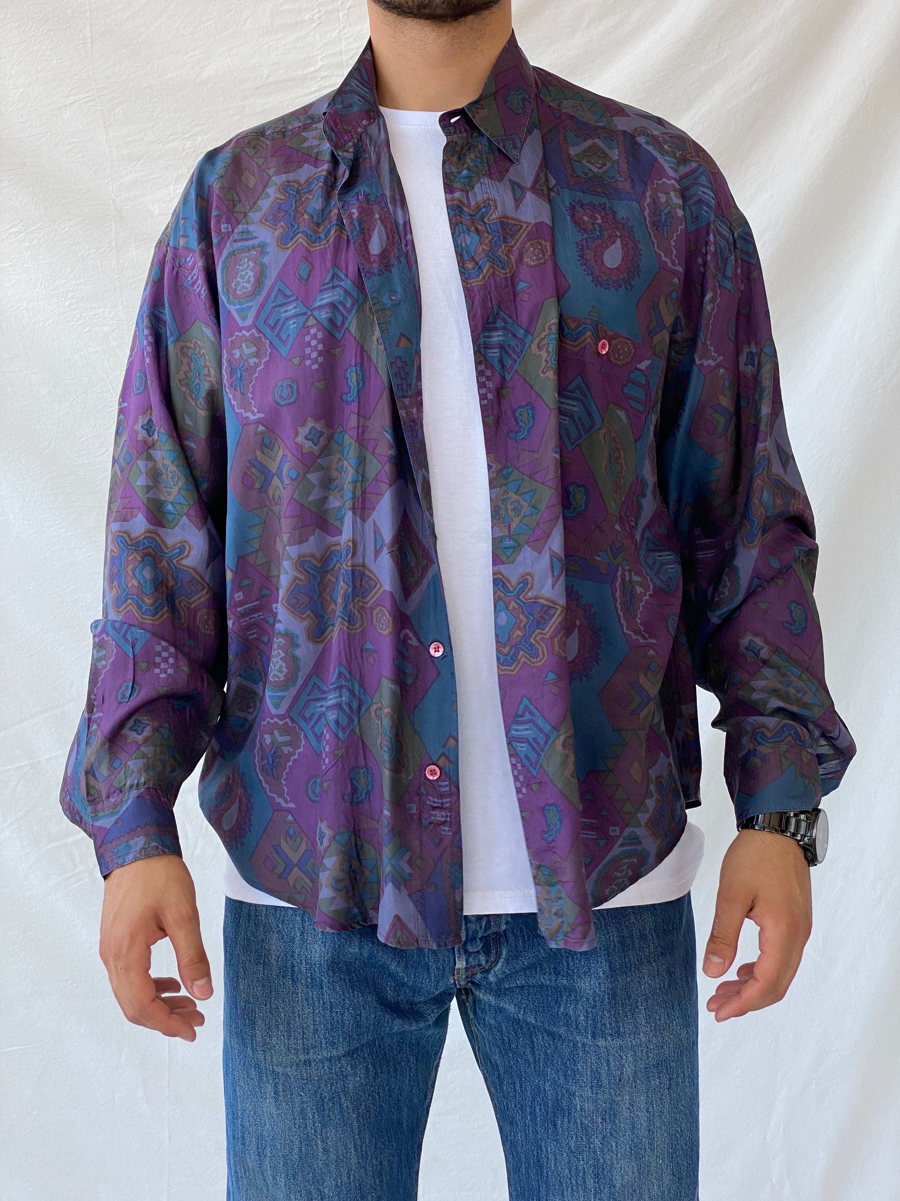 Vintage Protest Abstract Boho Print Purple Men’s Button-Up Silk Shirt - L - Balagan Vintage Full Sleeve Shirt 90s, half sleeve shirt, mens shirt, printed shirt, printed silk shirt, Ramez, silk, silk shirt