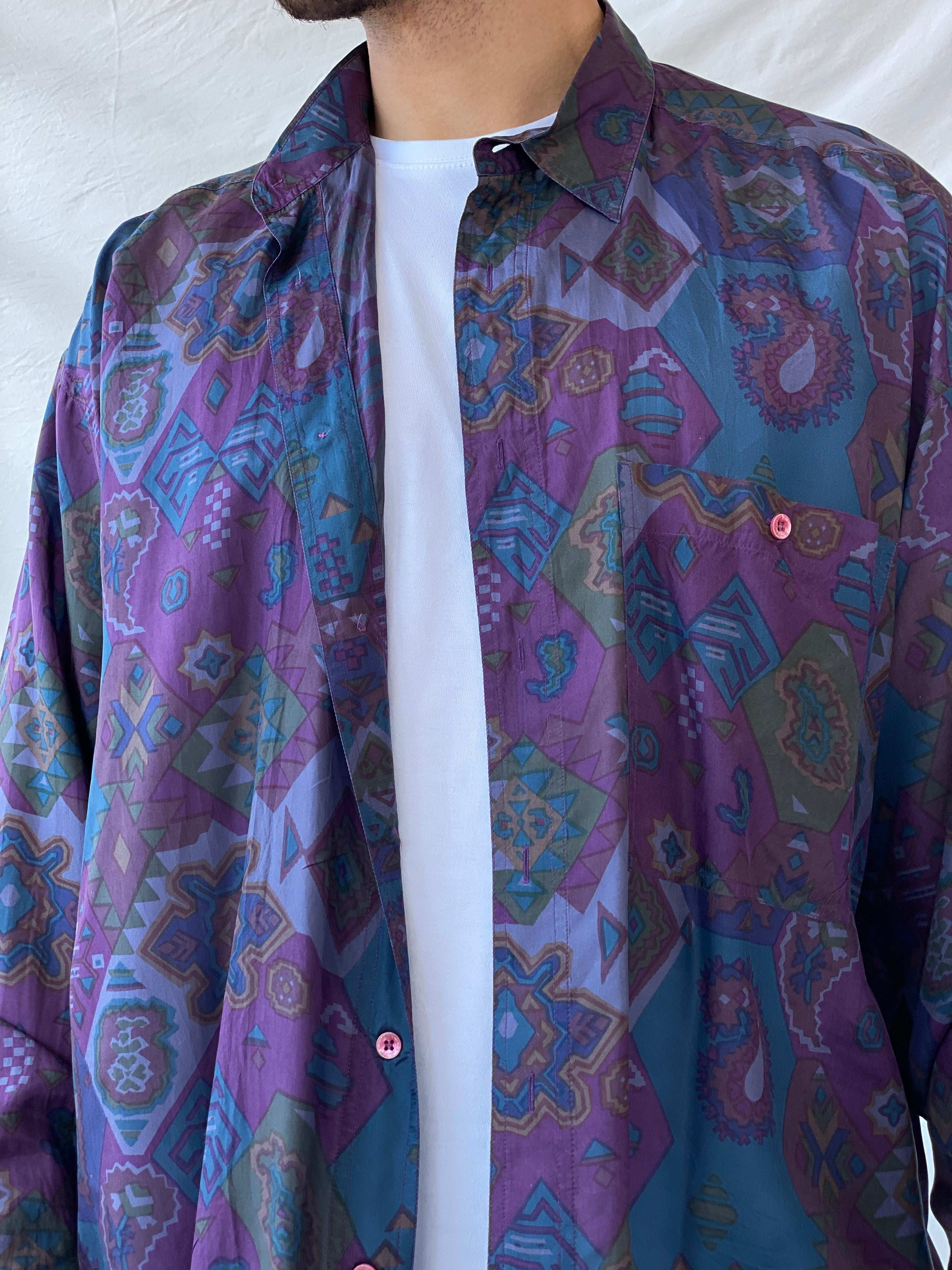 Vintage Protest Abstract Boho Print Purple Men’s Button-Up Silk Shirt - L - Balagan Vintage Full Sleeve Shirt 90s, half sleeve shirt, mens shirt, printed shirt, printed silk shirt, Ramez, silk, silk shirt