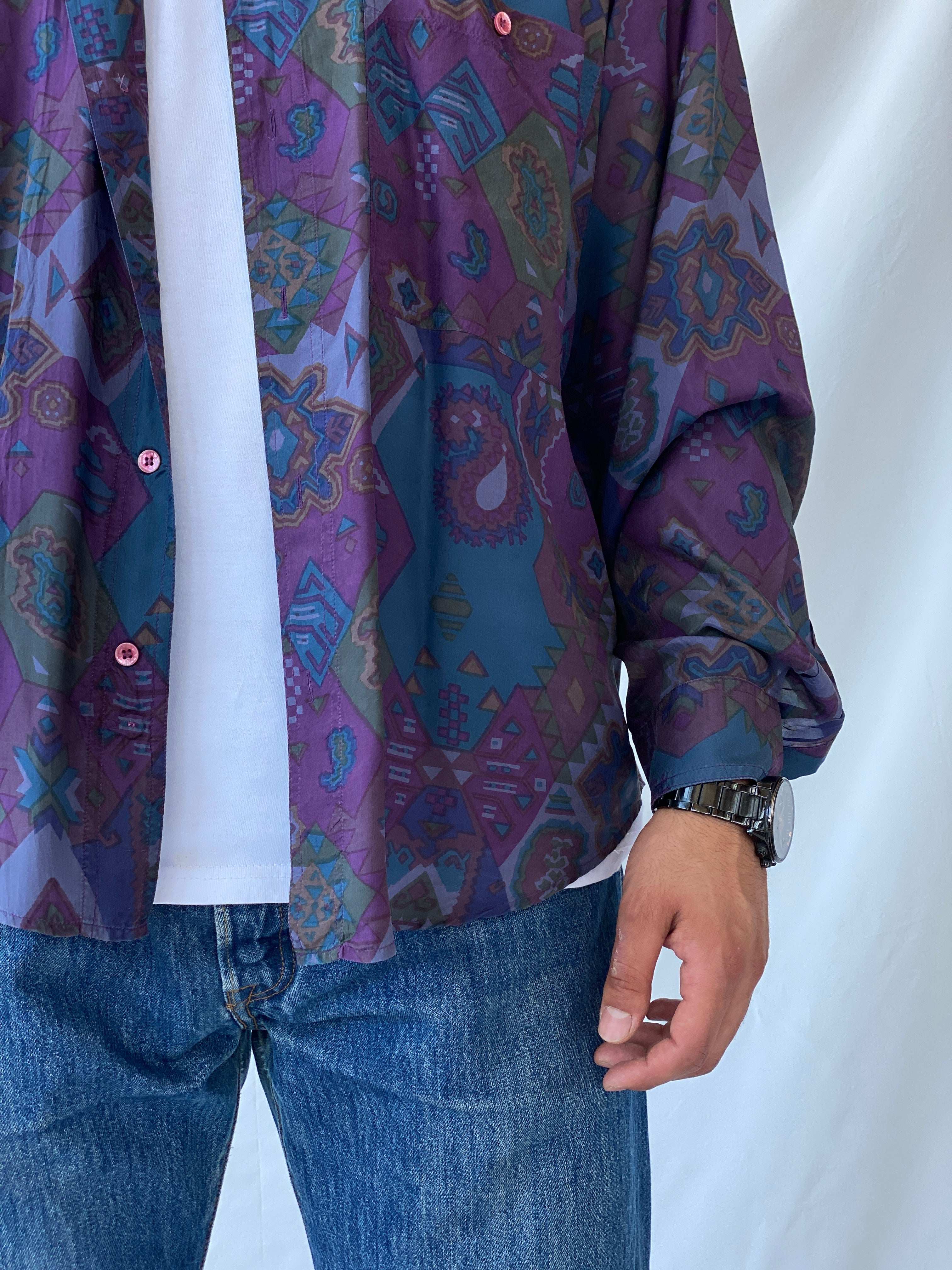 Vintage Protest Abstract Boho Print Purple Men’s Button-Up Silk Shirt - L - Balagan Vintage Full Sleeve Shirt 90s, half sleeve shirt, mens shirt, printed shirt, printed silk shirt, Ramez, silk, silk shirt