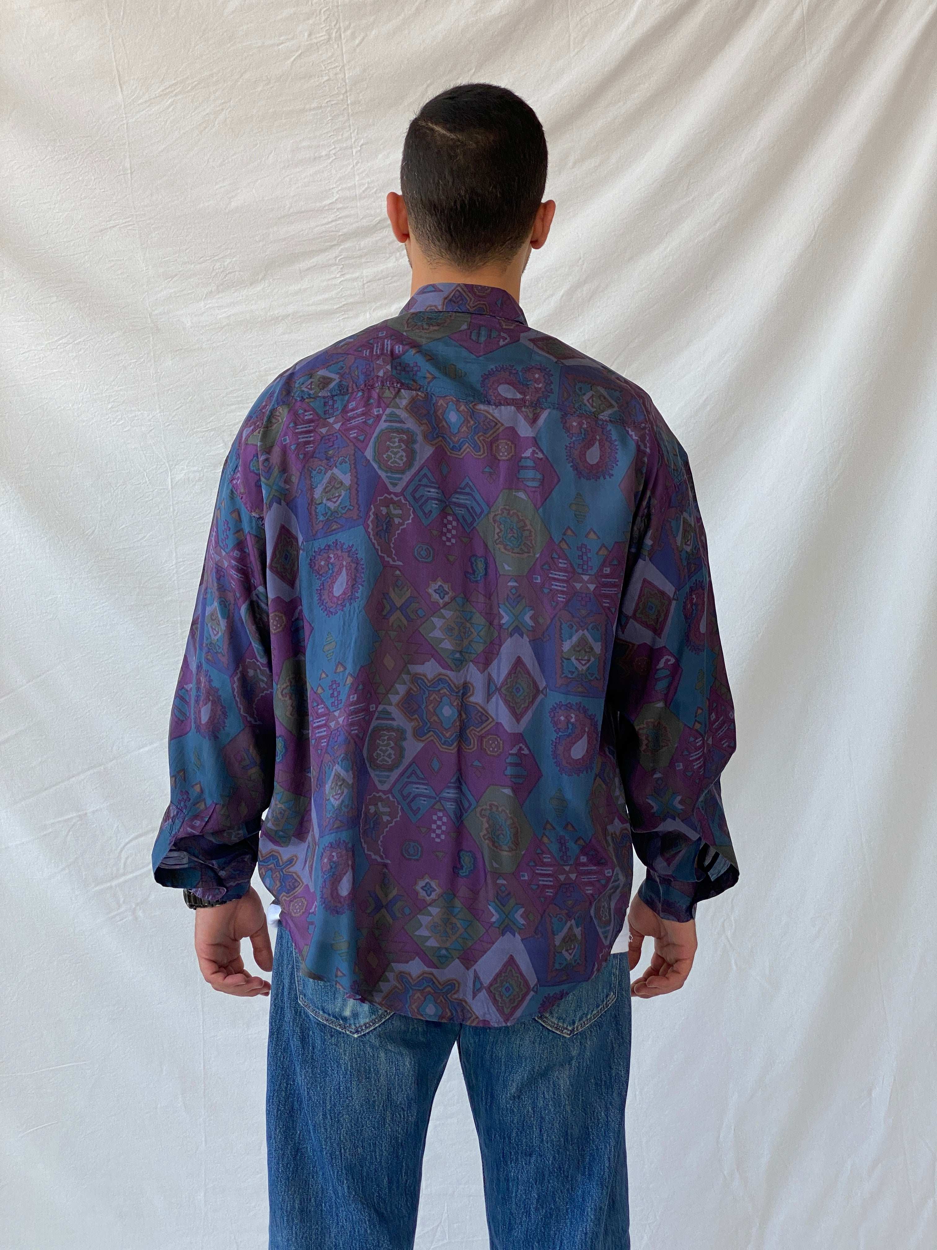 Vintage Protest Abstract Boho Print Purple Men’s Button-Up Silk Shirt - L - Balagan Vintage Full Sleeve Shirt 90s, half sleeve shirt, mens shirt, printed shirt, printed silk shirt, Ramez, silk, silk shirt