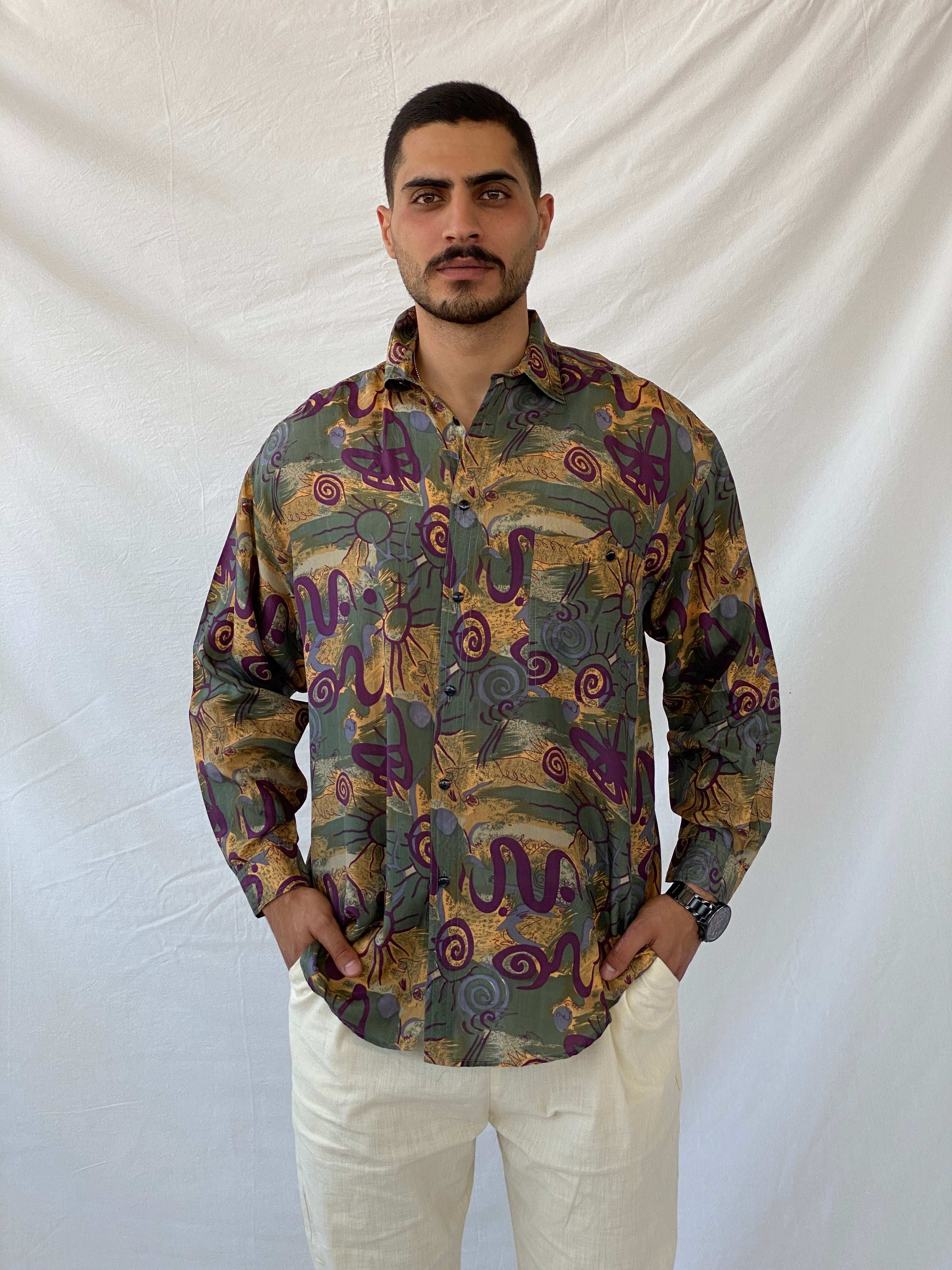 Vintage Protest Geometric Print Full Sleeve Silk Shirt - M - Balagan Vintage Full sleeve Shirt 90s, full sleeve shirt, mens shirt, printed shirt, printed silk shirt, Ramez, silk shirt