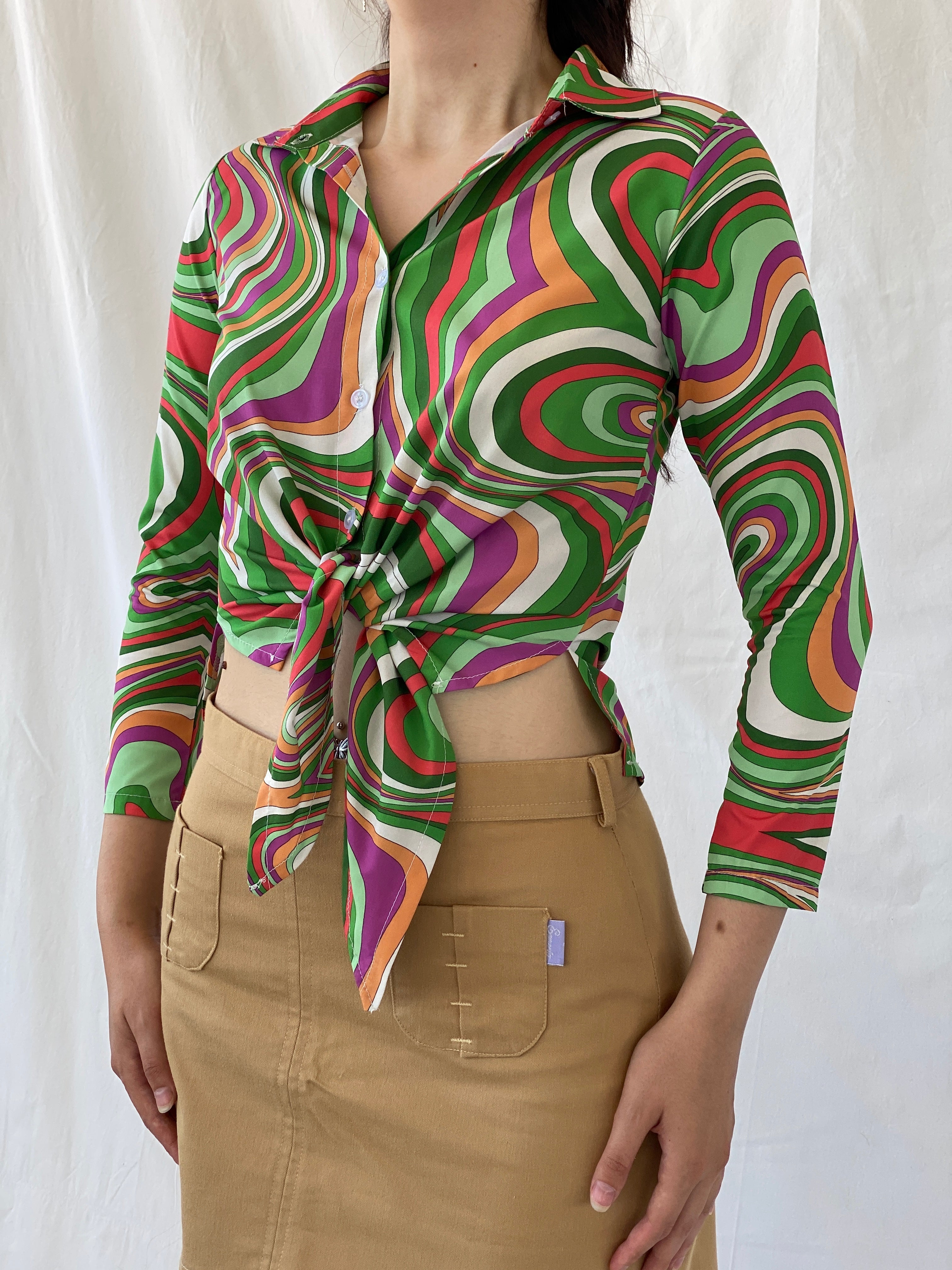 Vintage Psychedelic Print Shirt 70s Style Swirl Tie Front Blouse - M - Balagan Vintage Full Sleeve Shirt 00s, Ayah, groovy, groovy print, groovy shirt, NEW IN, shirt, women shirt