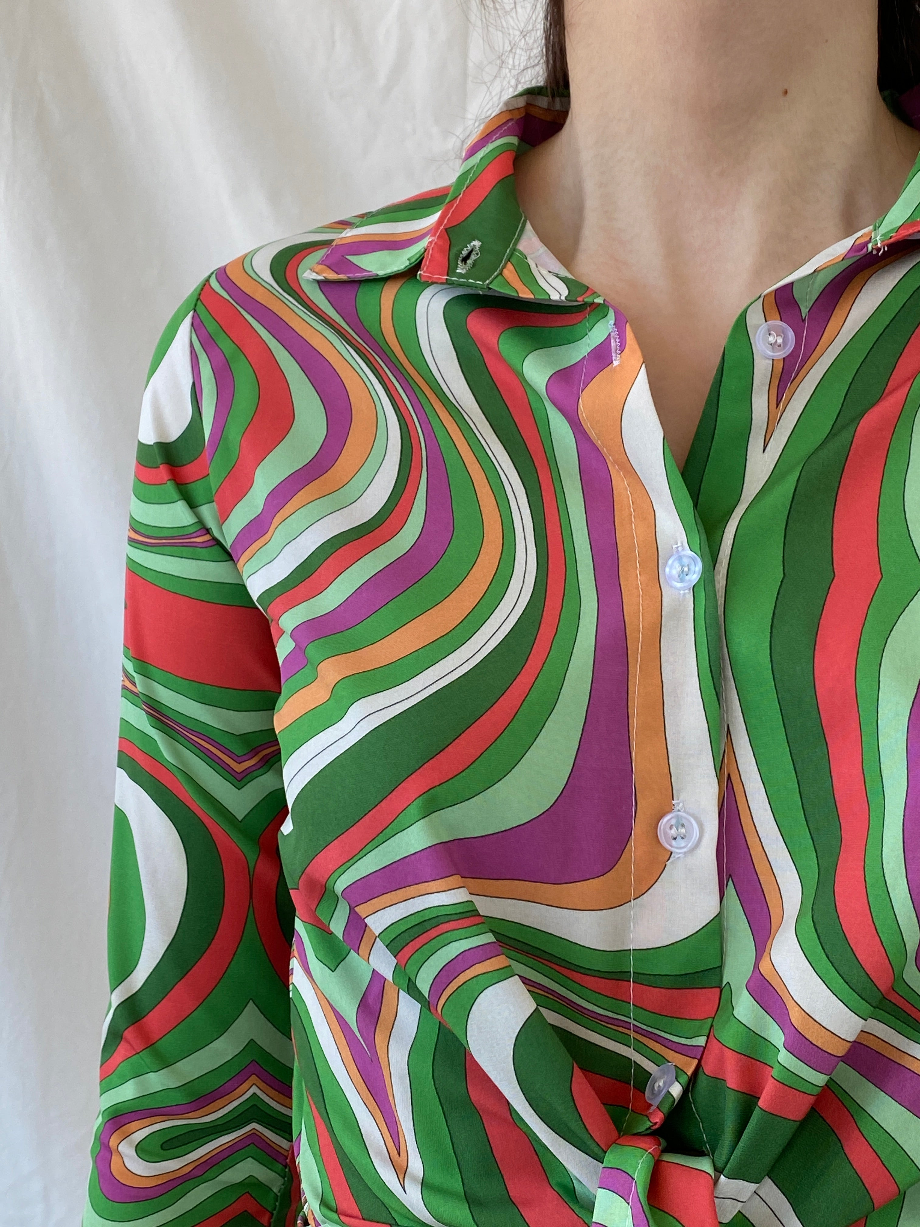 Vintage Psychedelic Print Shirt 70s Style Swirl Tie Front Blouse - M - Balagan Vintage Full Sleeve Shirt 00s, Ayah, groovy, groovy print, groovy shirt, NEW IN, shirt, women shirt