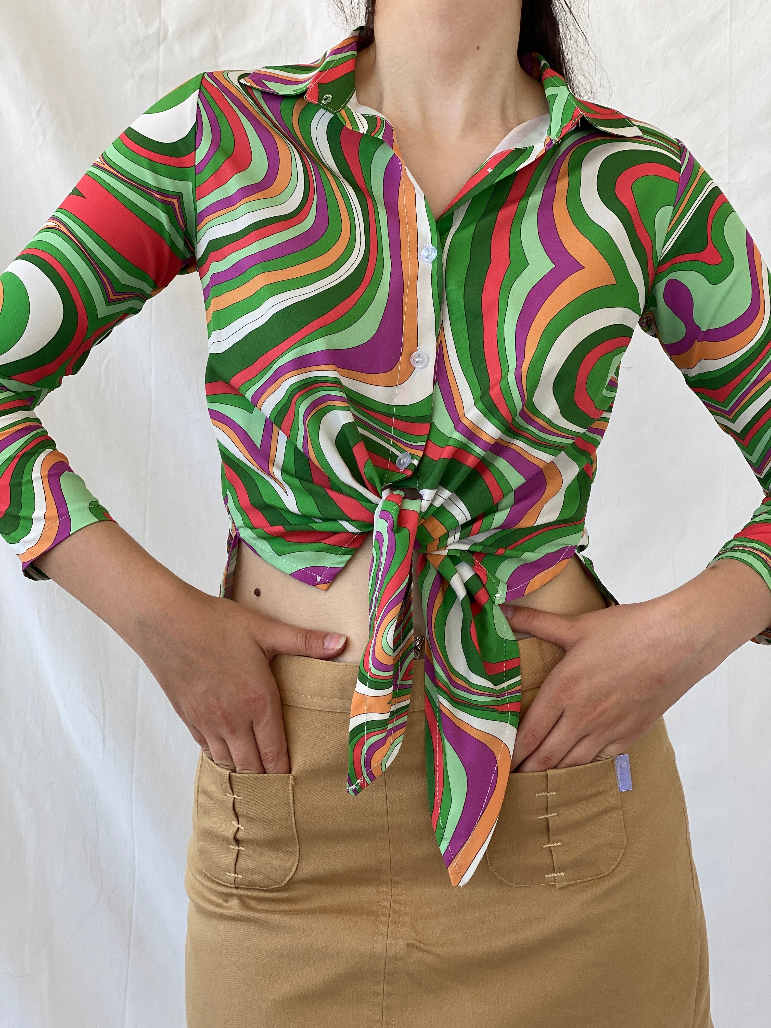 Vintage Psychedelic Print Shirt 70s Style Swirl Tie Front Blouse - M - Balagan Vintage Full Sleeve Shirt 00s, Ayah, groovy, groovy print, groovy shirt, NEW IN, shirt, women shirt
