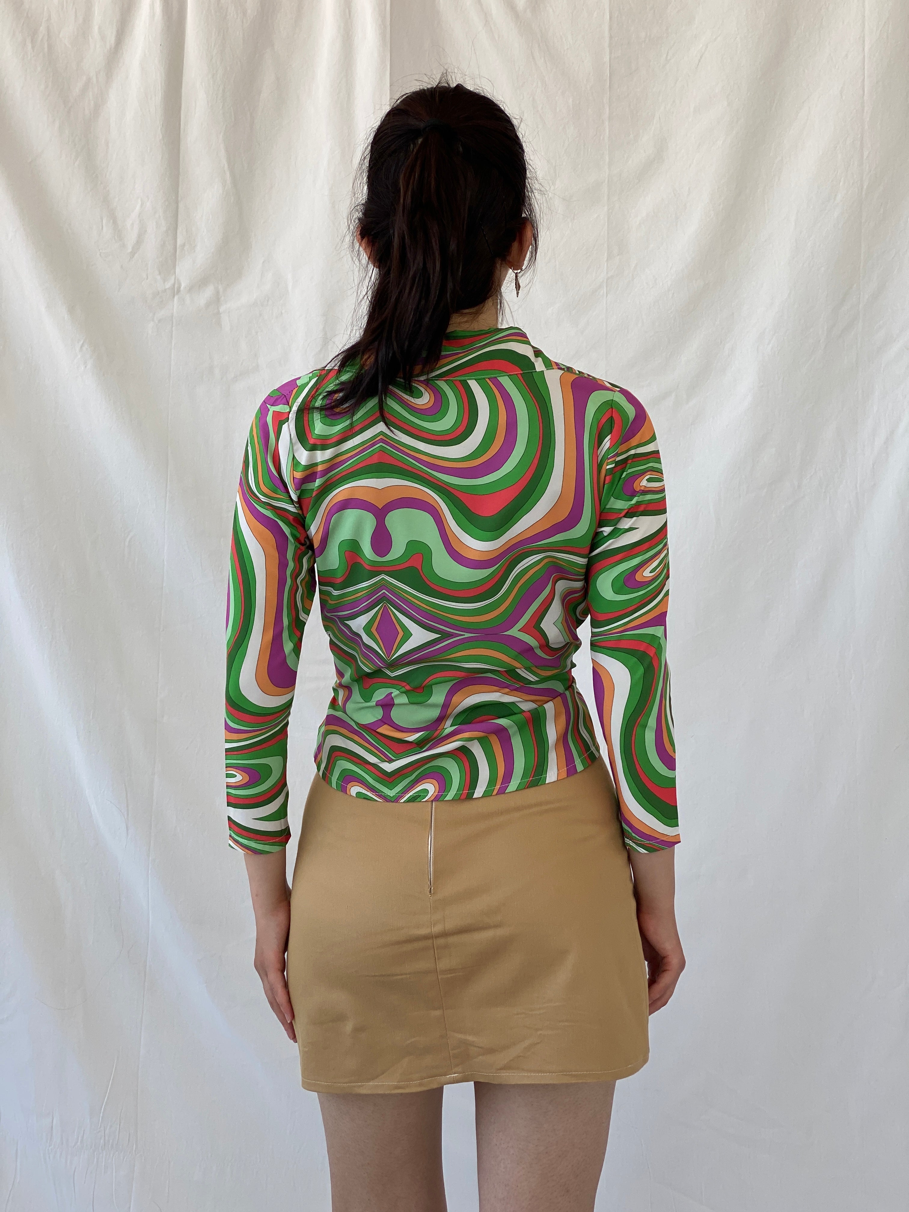 Vintage Psychedelic Print Shirt 70s Style Swirl Tie Front Blouse - M - Balagan Vintage Full Sleeve Shirt 00s, Ayah, groovy, groovy print, groovy shirt, NEW IN, shirt, women shirt