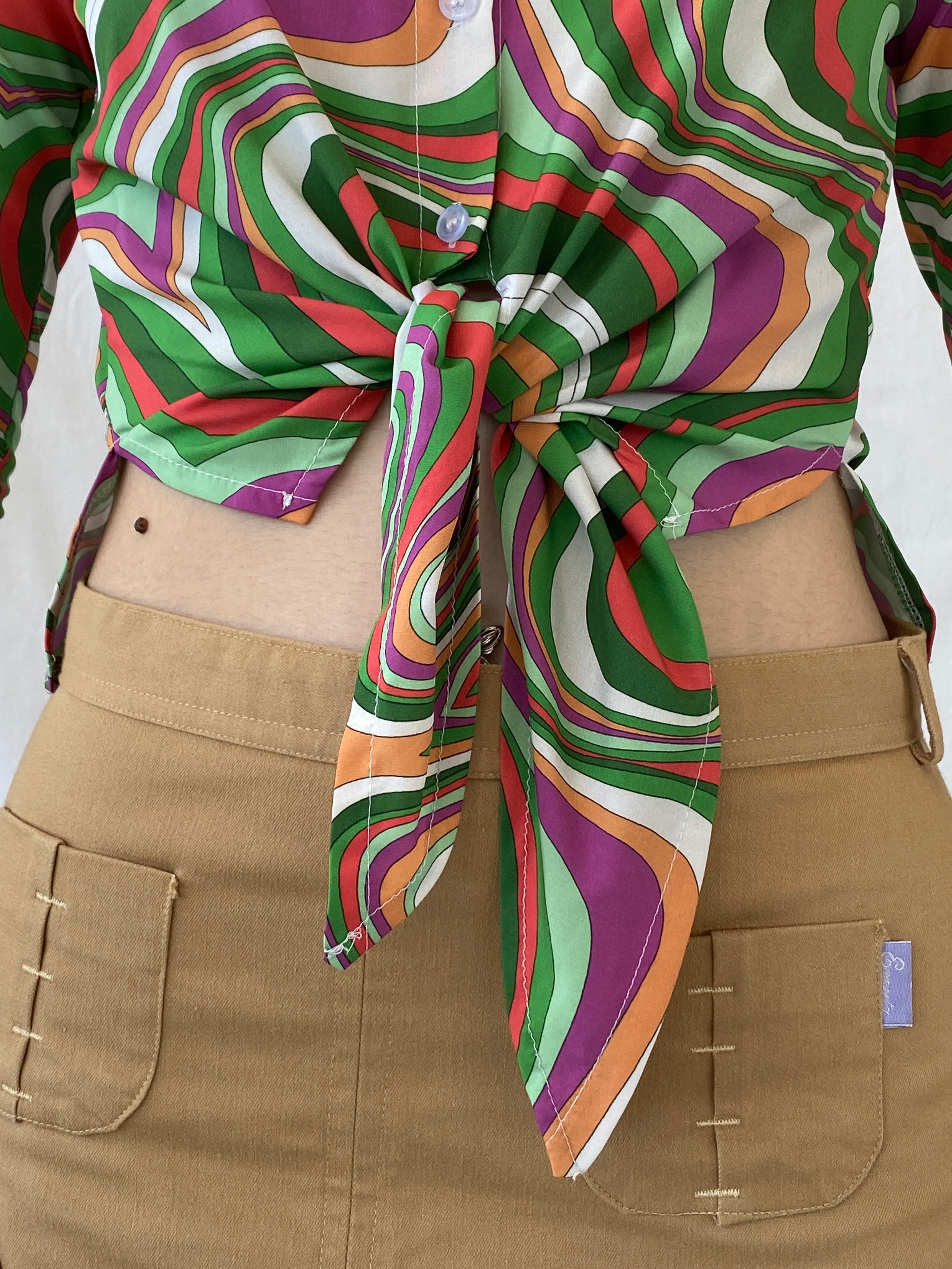 Vintage Psychedelic Print Shirt 70s Style Swirl Tie Front Blouse - M - Balagan Vintage Full Sleeve Shirt 00s, Ayah, groovy, groovy print, groovy shirt, NEW IN, shirt, women shirt