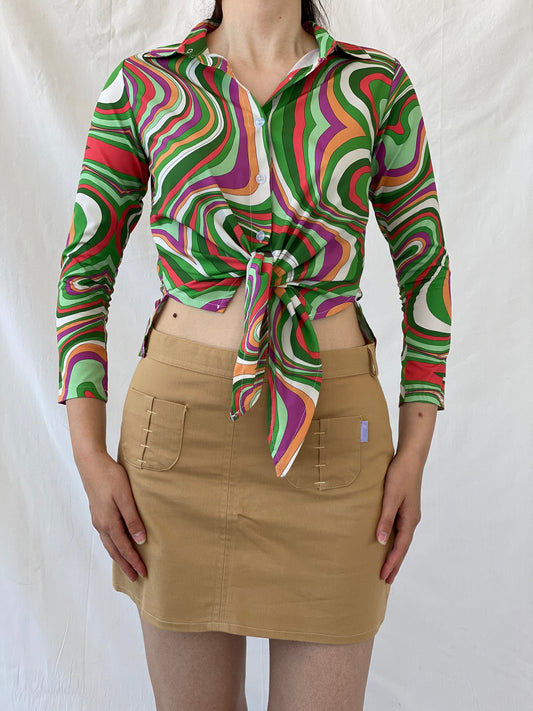 Vintage Psychedelic Print Shirt 70s Style Swirl Tie Front Blouse - M - Balagan Vintage Full Sleeve Shirt 00s, Ayah, groovy, groovy print, groovy shirt, NEW IN, shirt, women shirt