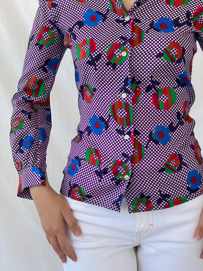 Vintage Qwer Geometric Floral Art Color Blast Full Sleeve Shirt - S - Balagan Vintage Full sleeve Shirt 00s, Ayah, floral, floral shirt, full sleeve shirt, NEW IN, shirt, women shirt