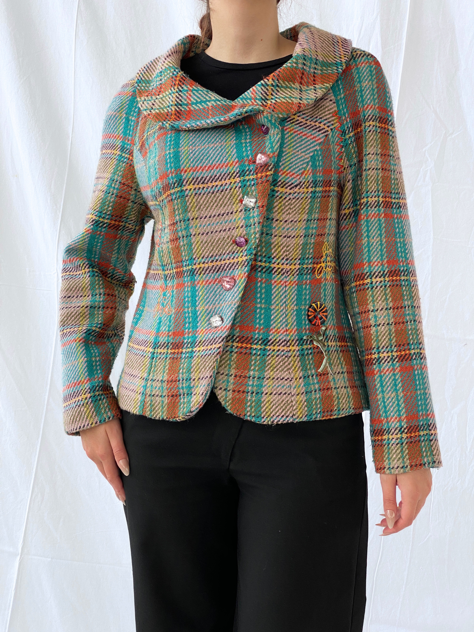 Vintage Rainbow Plaid Whimsy Exaggerated Collar Women’s Blazer - L - Balagan Vintage Jacket 00s, 90s, Ayah, floral embroidery, full sleeve blazer, jacket, NEW IN