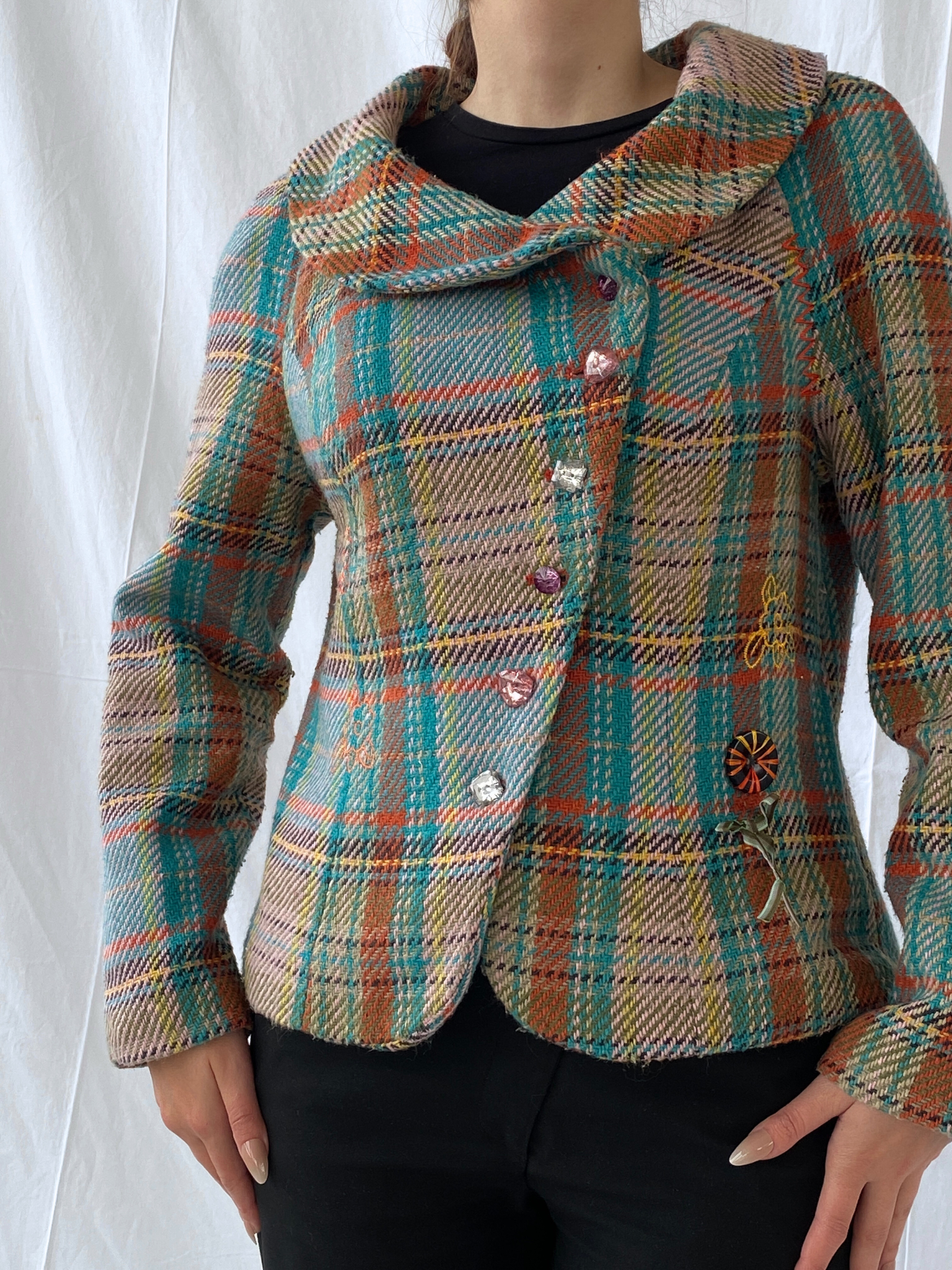 Vintage Rainbow Plaid Whimsy Exaggerated Collar Women’s Blazer - L - Balagan Vintage Jacket 00s, 90s, Ayah, floral embroidery, full sleeve blazer, jacket, NEW IN