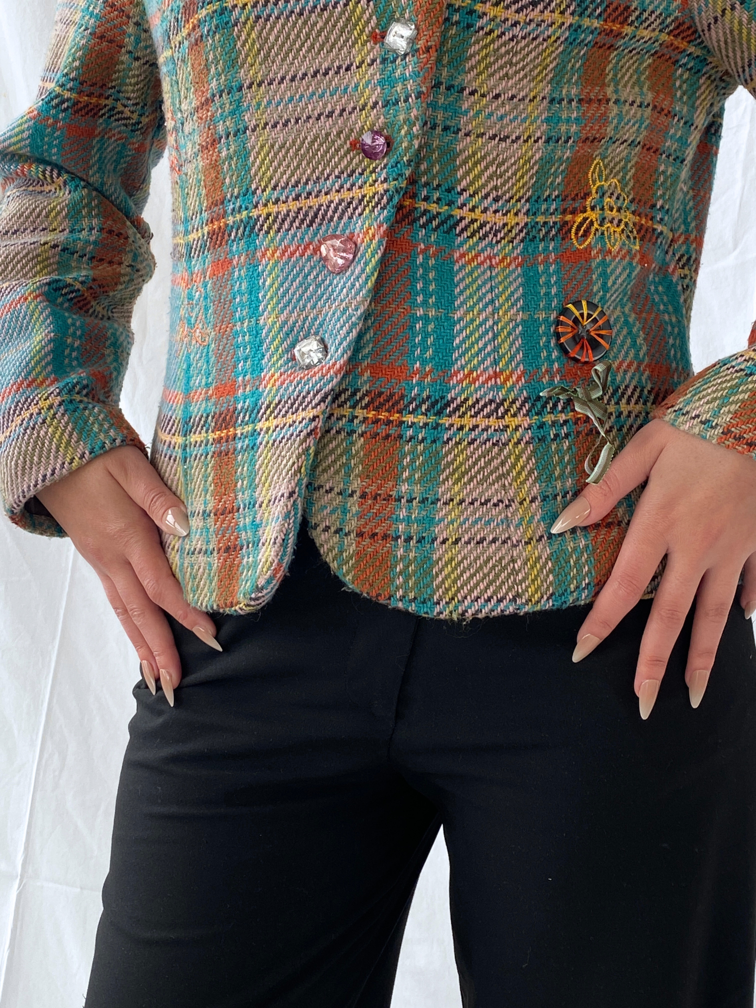 Vintage Rainbow Plaid Whimsy Exaggerated Collar Women’s Blazer - L - Balagan Vintage Jacket 00s, 90s, Ayah, floral embroidery, full sleeve blazer, jacket, NEW IN