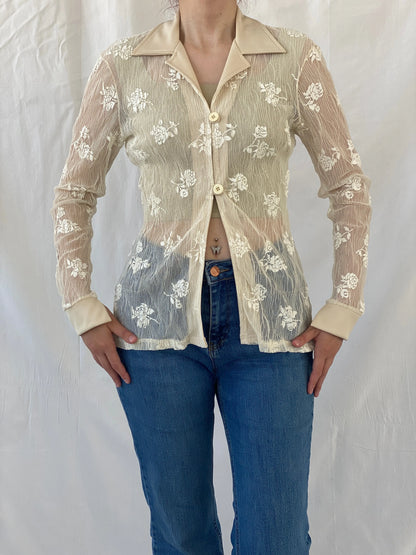 Vintage R&B Rebecca Blu Beige Floral Mesh Cardigan Shirt - M - Balagan Vintage Cardigan Ayah, cardigan, floral mesh, full sleeve shirt, mesh, shirt, women shirt