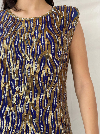 Vintage Razzle Dazzle Pure Silk Blue Gold Sequin Boxy Midi Dress - M - Balagan Vintage Midi Dress consignment, Dana, dress, midi dress, Syntia, vintage dress, Wedding Guest, winter