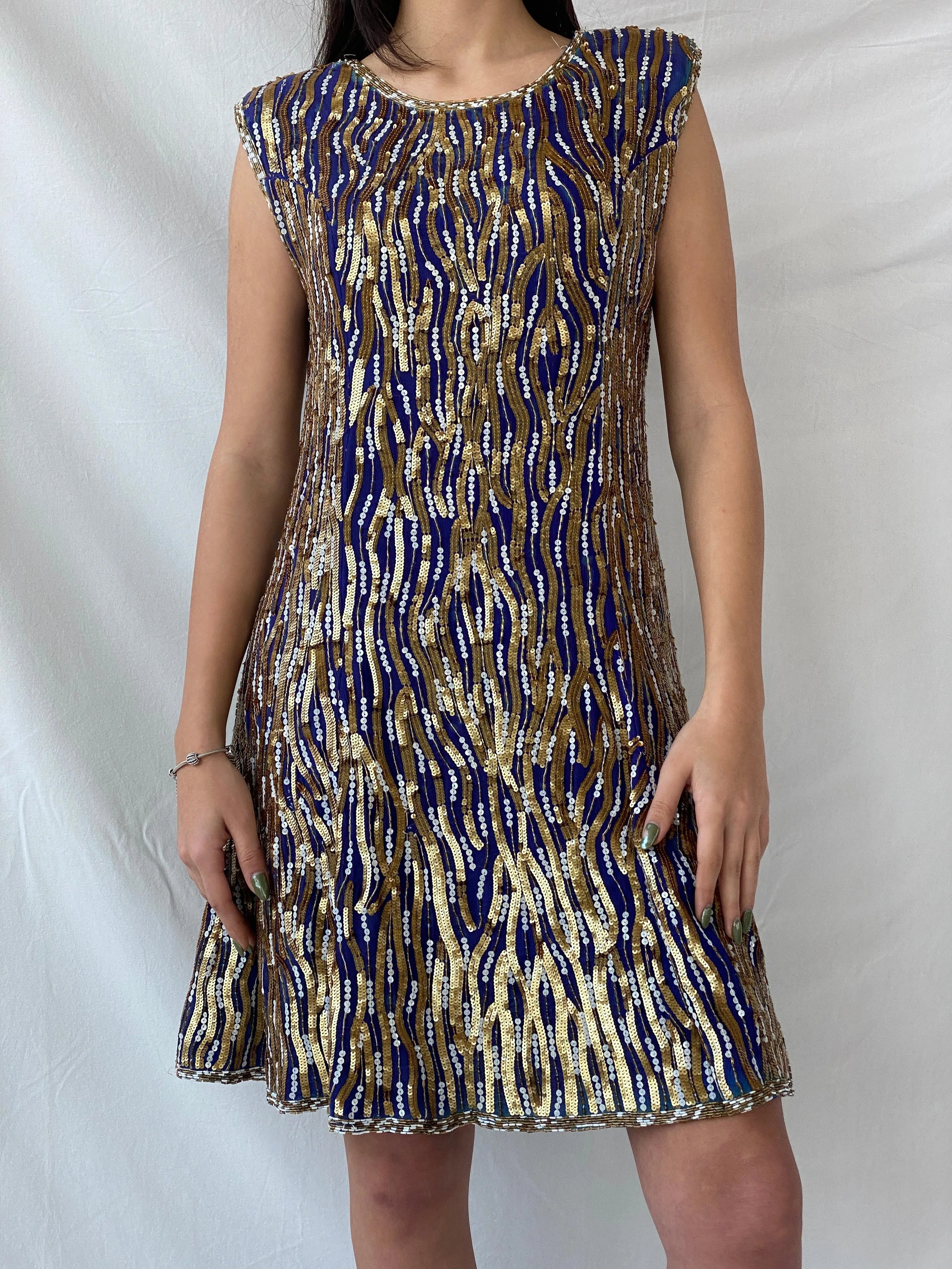 Vintage Razzle Dazzle Pure Silk Blue Gold Sequin Boxy Midi Dress - M - Balagan Vintage Midi Dress consignment, Dana, dress, midi dress, Syntia, vintage dress, Wedding Guest, winter
