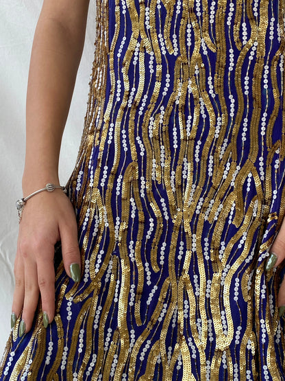 Vintage Razzle Dazzle Pure Silk Blue Gold Sequin Boxy Midi Dress - M - Balagan Vintage Midi Dress consignment, Dana, dress, midi dress, Syntia, vintage dress, Wedding Guest, winter