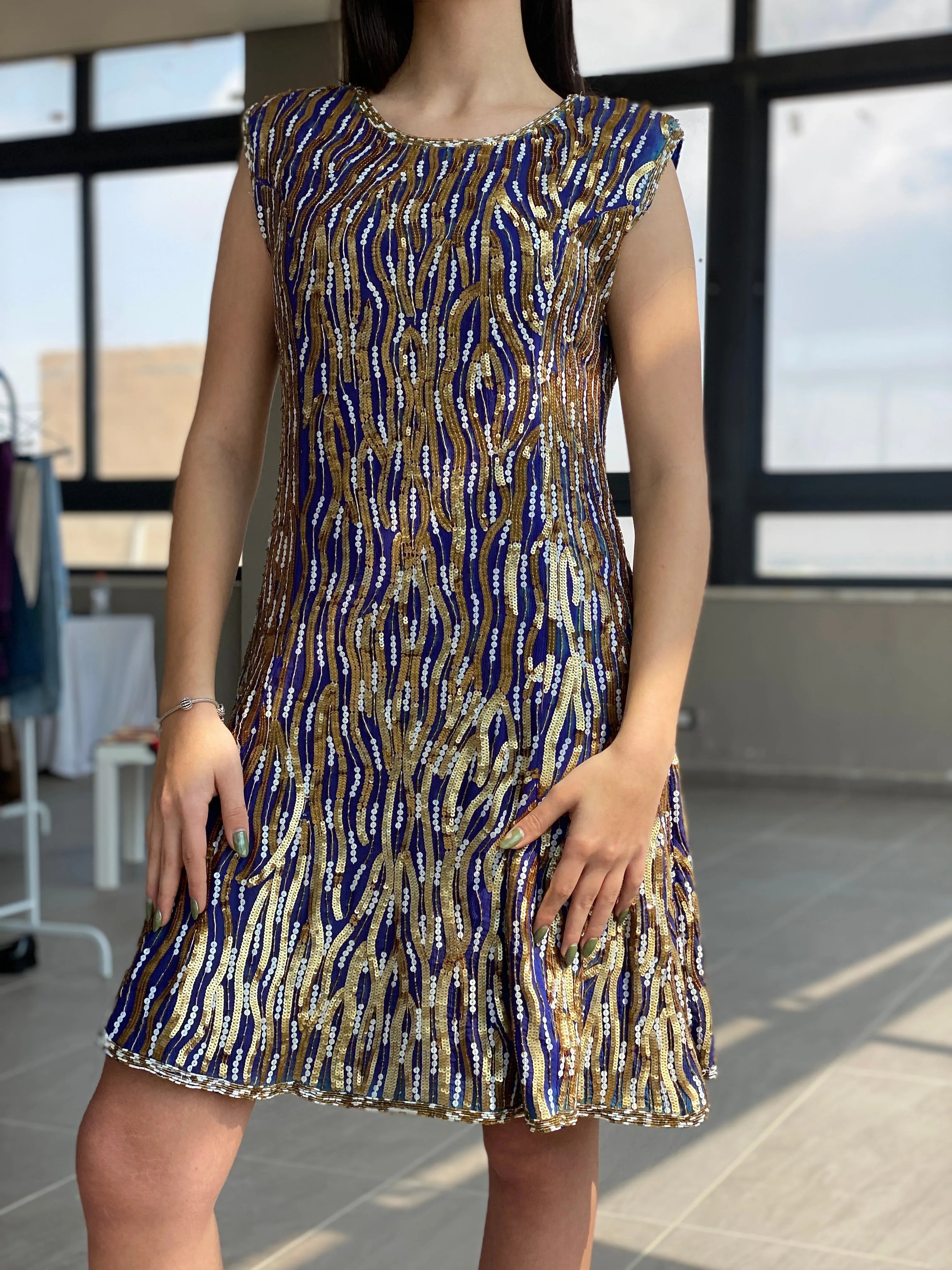 Vintage Razzle Dazzle Pure Silk Blue Gold Sequin Boxy Midi Dress - M - Balagan Vintage Midi Dress consignment, Dana, dress, midi dress, Syntia, vintage dress, Wedding Guest, winter