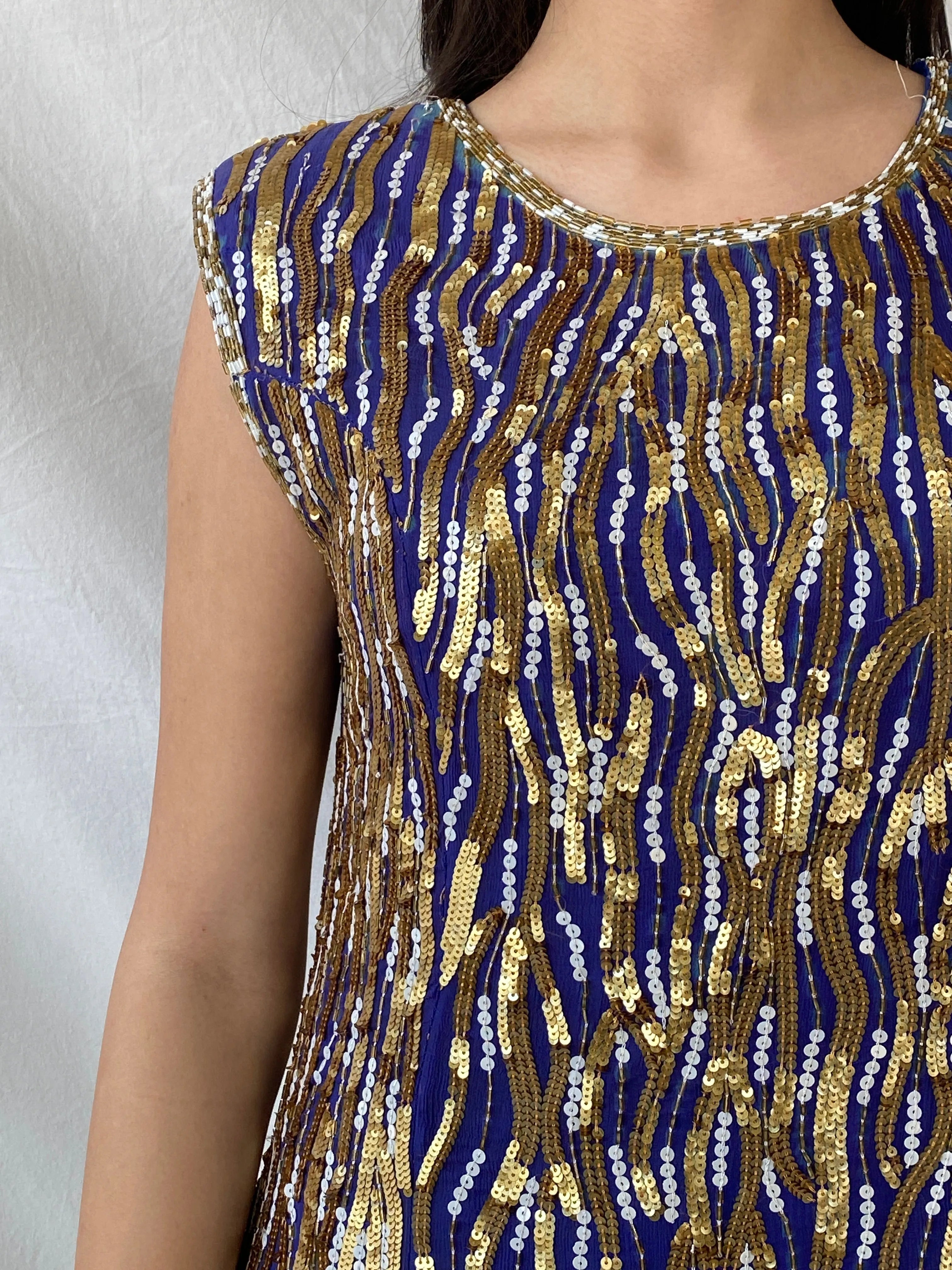Vintage Razzle Dazzle Pure Silk Blue Gold Sequin Boxy Midi Dress - M - Balagan Vintage Midi Dress consignment, Dana, dress, midi dress, Syntia, vintage dress, Wedding Guest, winter
