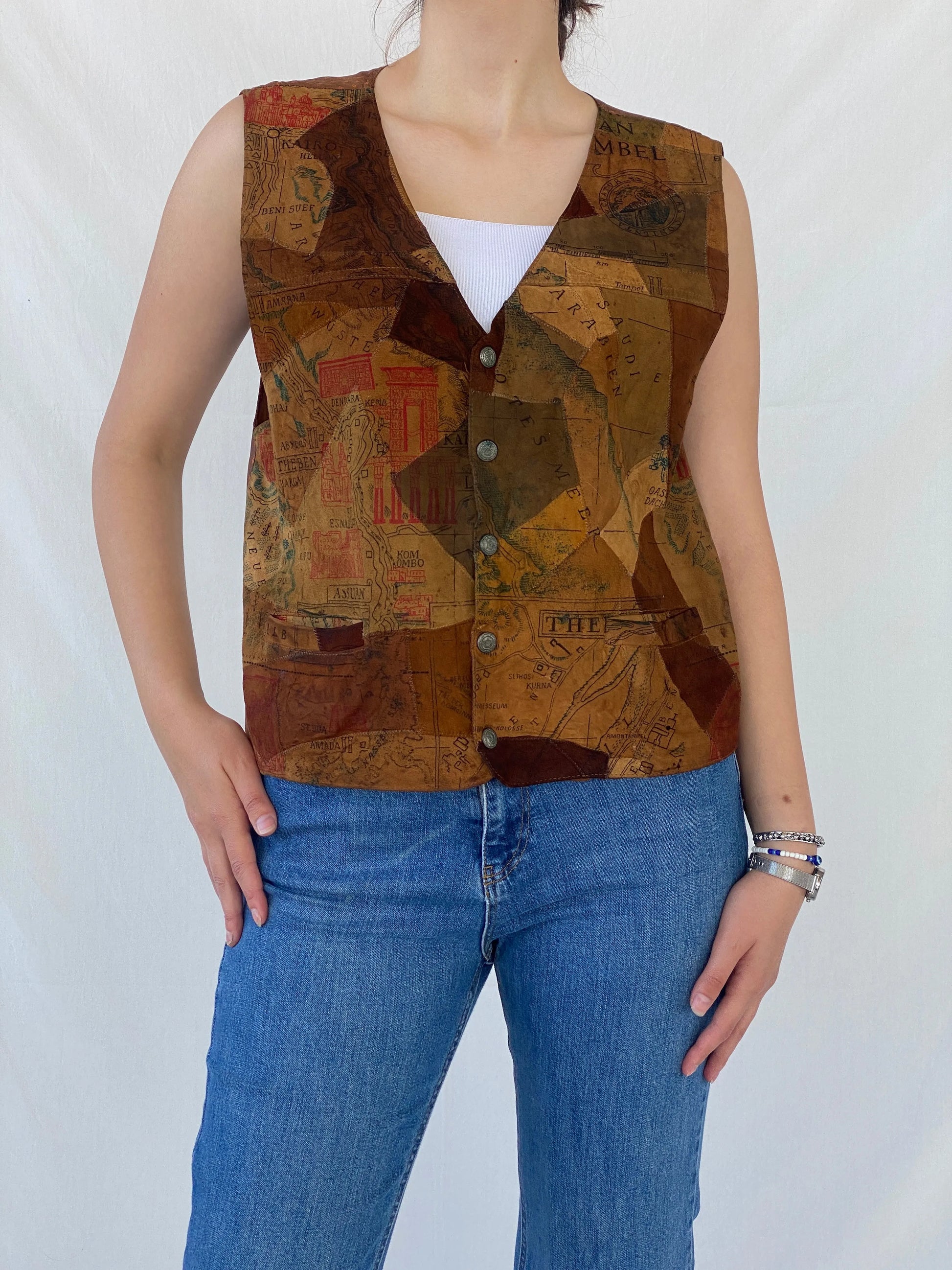 Vintage Rebel Craft Patchwork Suede Middle East Map Vest - L - Balagan Vintage Vest Ayah, brown, genuine leather vest, leather vest, patchwork, suede, vest