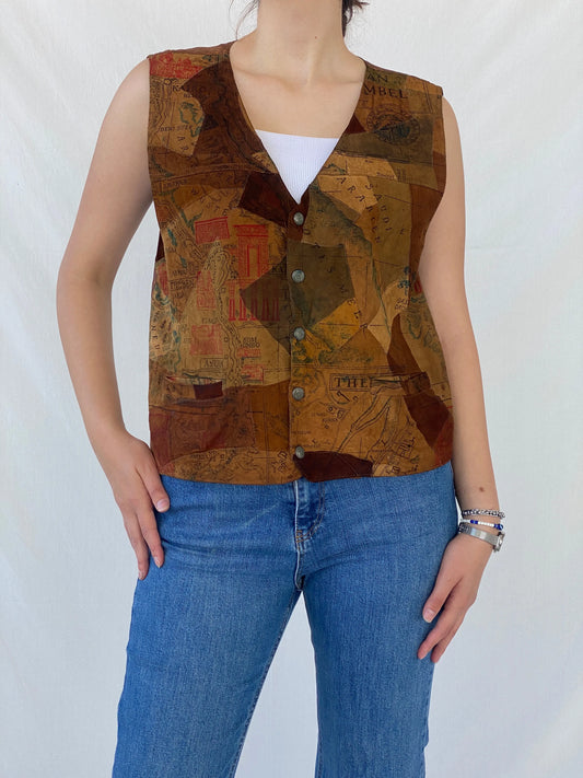 Vintage Rebel Craft Patchwork Suede Middle East Map Vest - L - Balagan Vintage Vest Ayah, brown, genuine leather vest, leather vest, patchwork, suede, vest