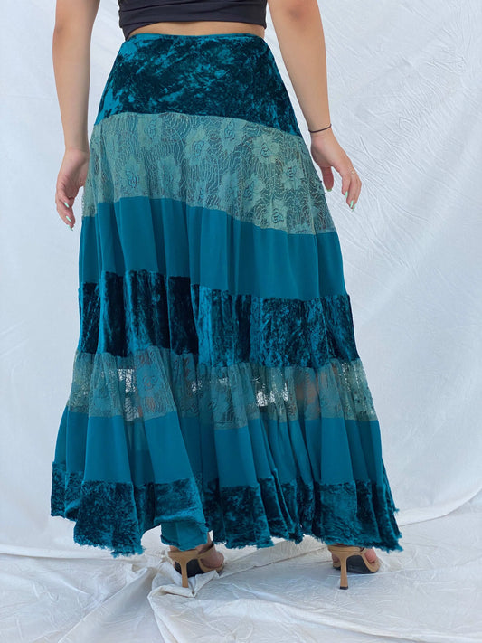 Vintage René Derhy Turquoise Gypsy Velvet and Lace Maxi Skirt - S - Balagan Vintage Maxi Skirt 00s, Lana, maxi skirt, summer