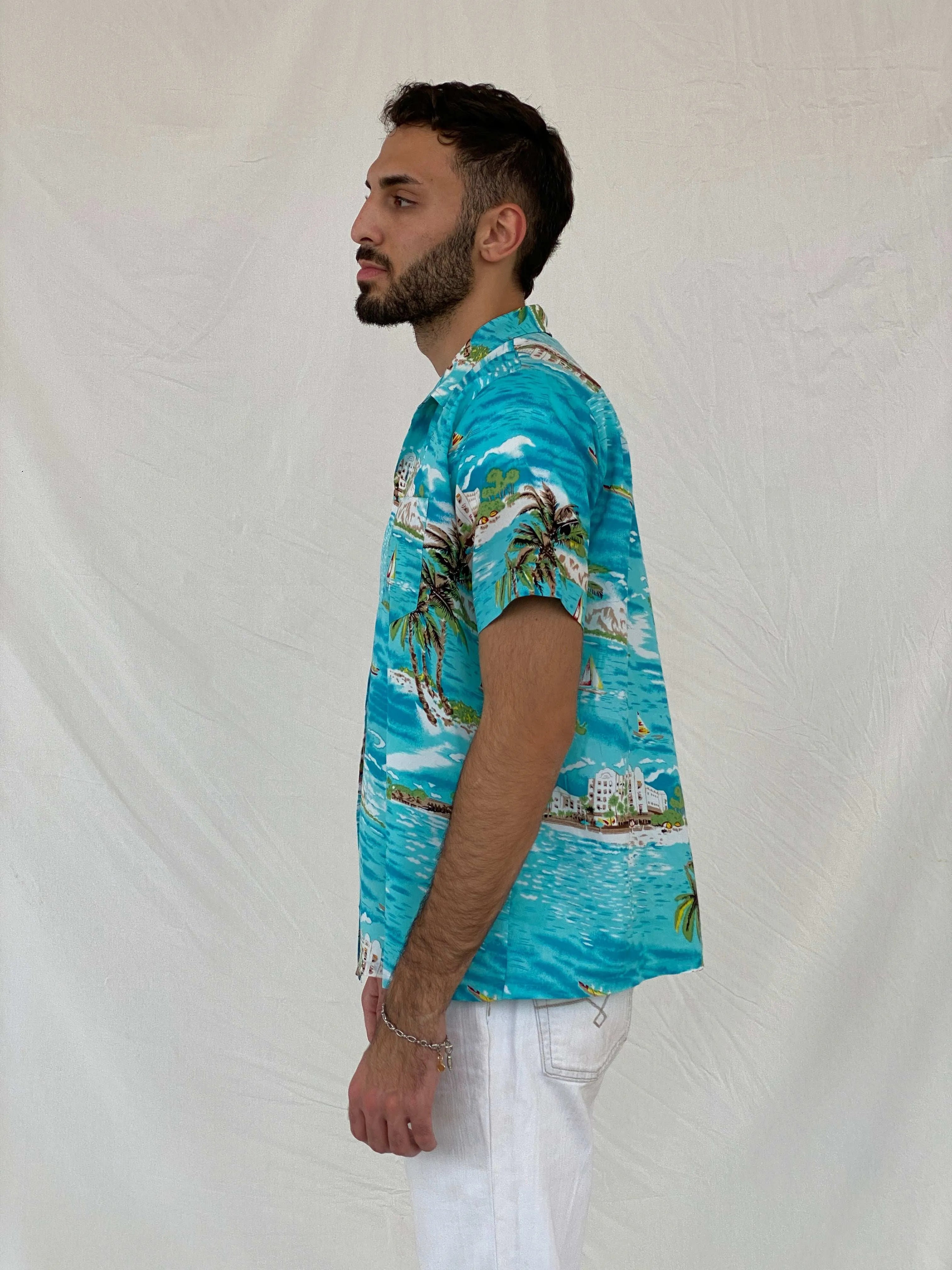 Vintage Romani Graphic Hawaiian Blue Beach Shirt - L - Balagan Vintage Half Sleeve Shirt 00s, 90s, Awsam, graphic, half sleeve shirt, printed shirt