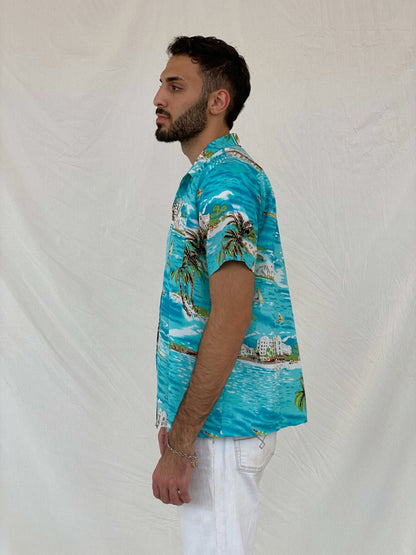 Vintage Romani Graphic Hawaiian Blue Beach Shirt - L - Balagan Vintage Half Sleeve Shirt 00s, 90s, Awsam, graphic, half sleeve shirt, printed shirt