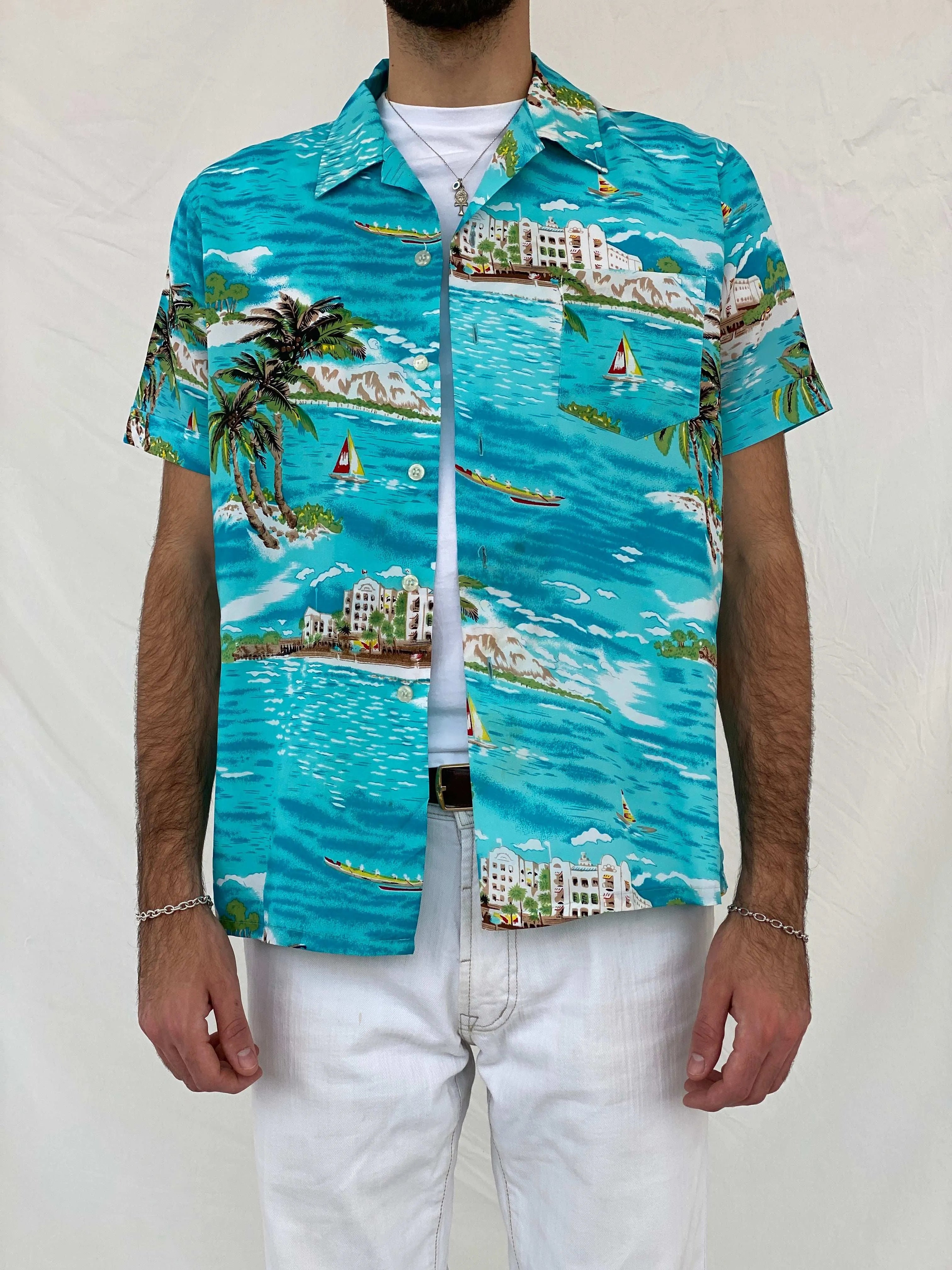 Vintage Romani Graphic Hawaiian Blue Beach Shirt - L - Balagan Vintage Half Sleeve Shirt 00s, 90s, Awsam, graphic, half sleeve shirt, printed shirt
