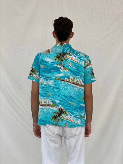 Vintage Romani Graphic Hawaiian Blue Beach Shirt - L - Balagan Vintage Half Sleeve Shirt 00s, 90s, Awsam, graphic, half sleeve shirt, printed shirt