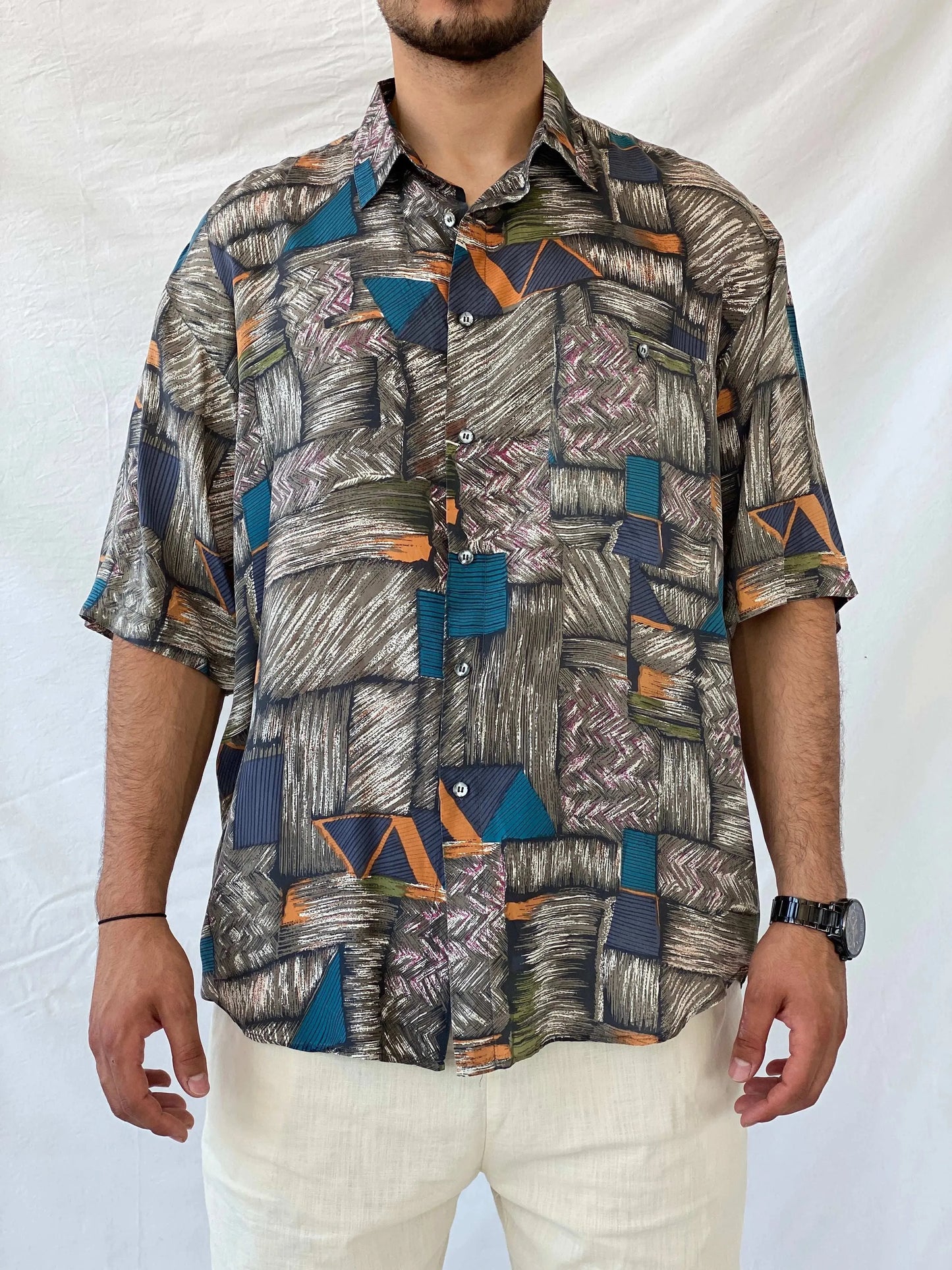 Vintage Santana Abstract Men’s Oversized Silk Button-Up Shirt - L - Balagan Vintage Half Sleeve Shirt 90s, half sleeve shirt, mens shirt, printed shirt, printed silk shirt, Ramez, silk, silk shirt