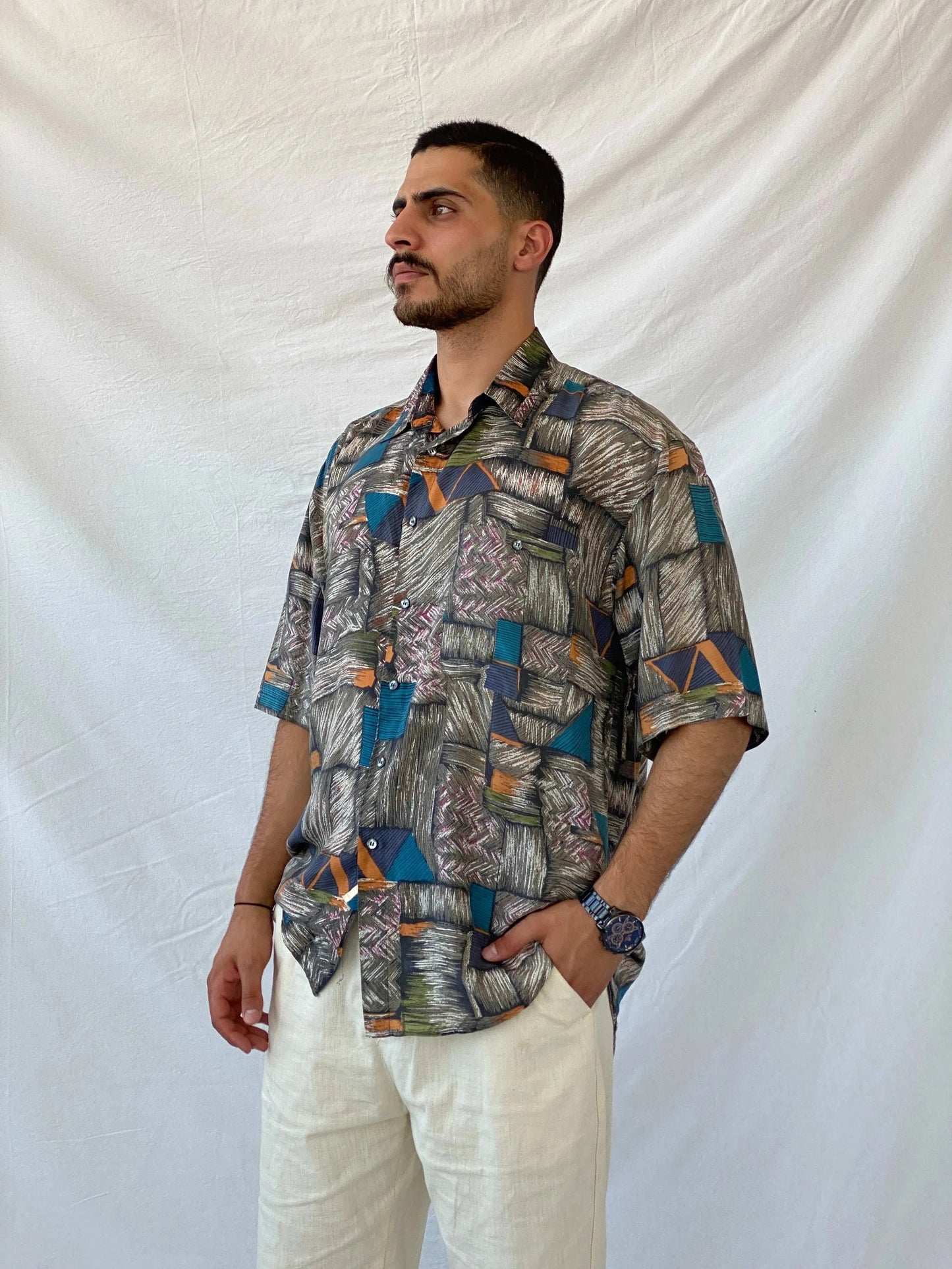 Vintage Santana Abstract Men’s Oversized Silk Button-Up Shirt - L - Balagan Vintage Half Sleeve Shirt 90s, half sleeve shirt, mens shirt, printed shirt, printed silk shirt, Ramez, silk, silk shirt
