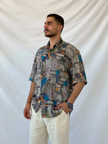 Vintage Santana Abstract Men’s Oversized Silk Button-Up Shirt - L - Balagan Vintage Half Sleeve Shirt 90s, half sleeve shirt, mens shirt, printed shirt, printed silk shirt, Ramez, silk, silk shirt