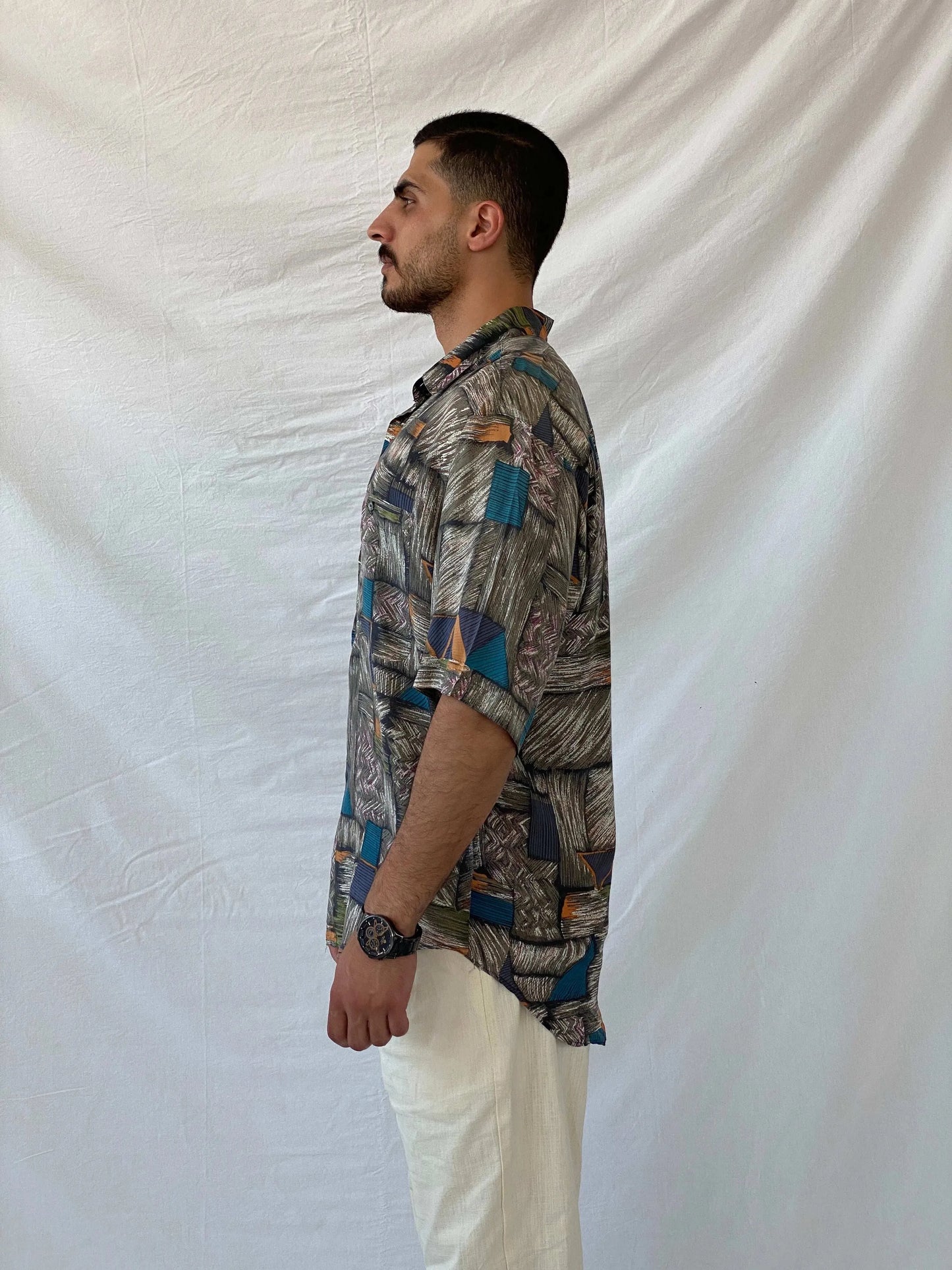 Vintage Santana Abstract Men’s Oversized Silk Button-Up Shirt - L - Balagan Vintage Half Sleeve Shirt 90s, half sleeve shirt, mens shirt, printed shirt, printed silk shirt, Ramez, silk, silk shirt