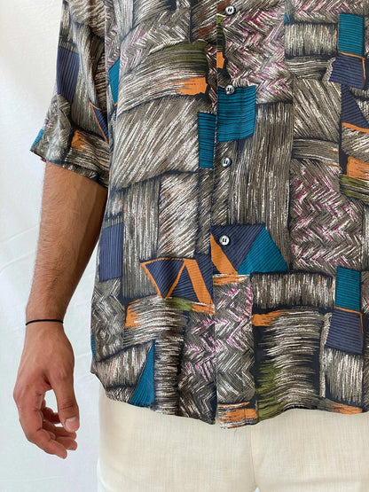 Vintage Santana Abstract Men’s Oversized Silk Button-Up Shirt - L - Balagan Vintage Half Sleeve Shirt 90s, half sleeve shirt, mens shirt, printed shirt, printed silk shirt, Ramez, silk, silk shirt