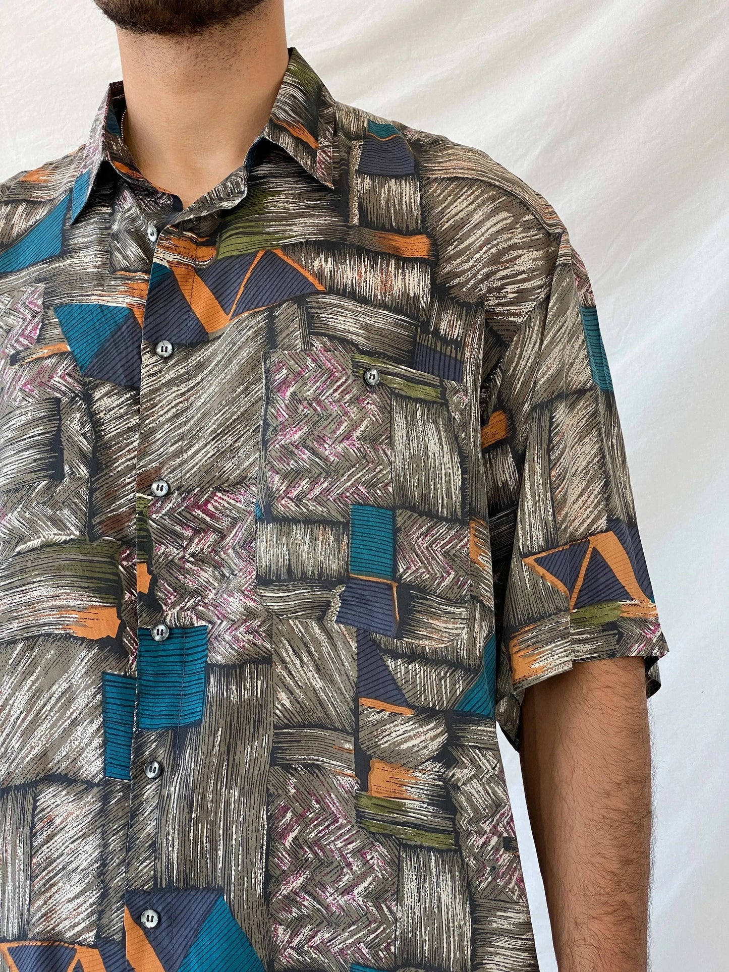 Vintage Santana Abstract Men’s Oversized Silk Button-Up Shirt - L - Balagan Vintage Half Sleeve Shirt 90s, half sleeve shirt, mens shirt, printed shirt, printed silk shirt, Ramez, silk, silk shirt