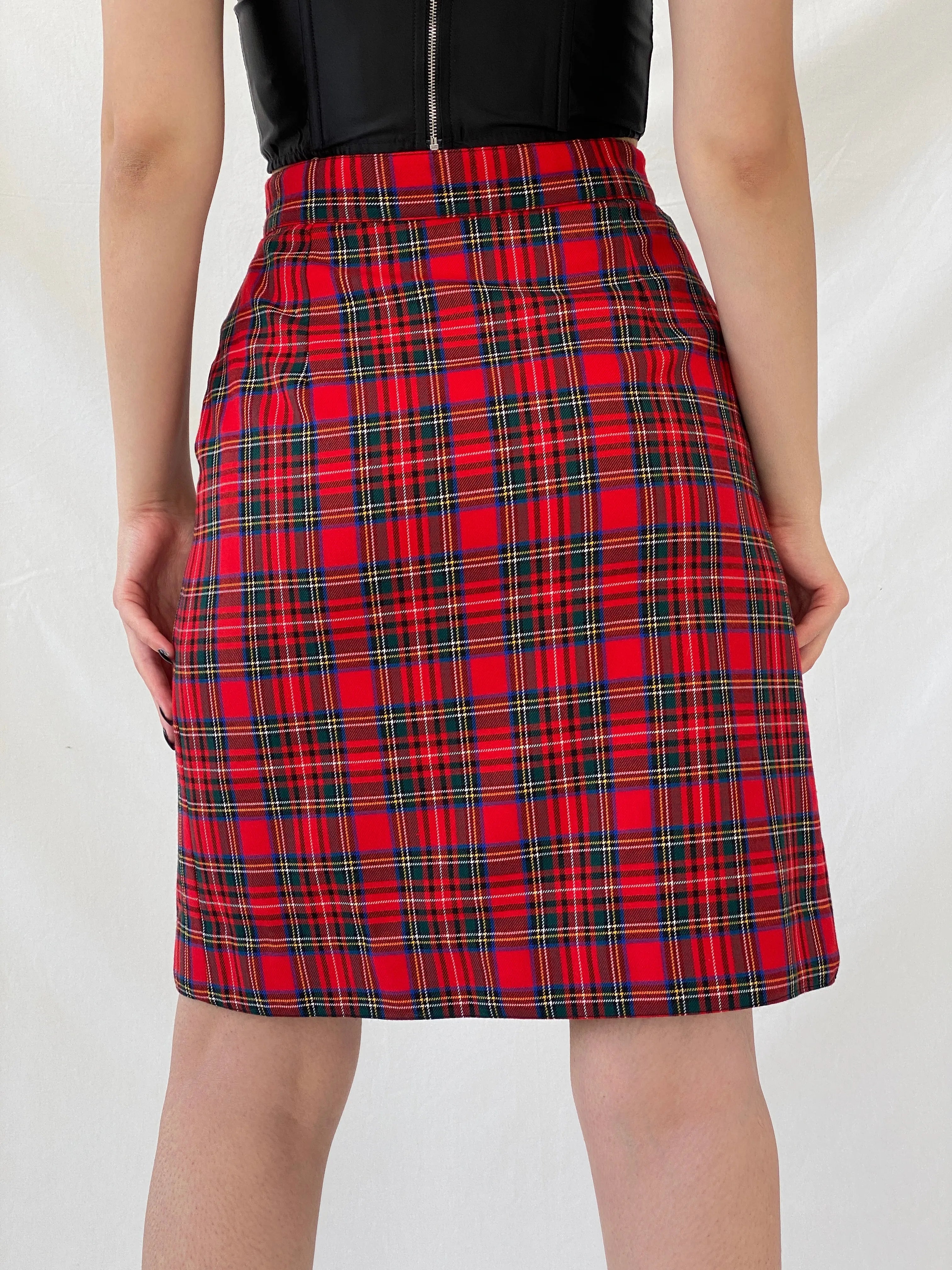 Vintage Scarlett Plaid Red Tartan Midi Button Front Skirt - M - Balagan Vintage Midi Skirt Ayah, midi skirt, plaid, plaid skirt, striped, winter