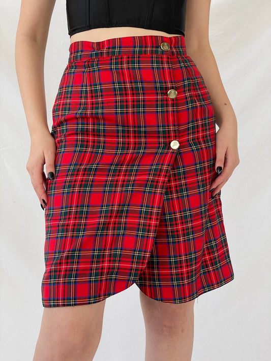 Vintage Scarlett Plaid Red Tartan Midi Button Front Skirt - M - Balagan Vintage Midi Skirt Ayah, midi skirt, plaid, plaid skirt, striped, winter