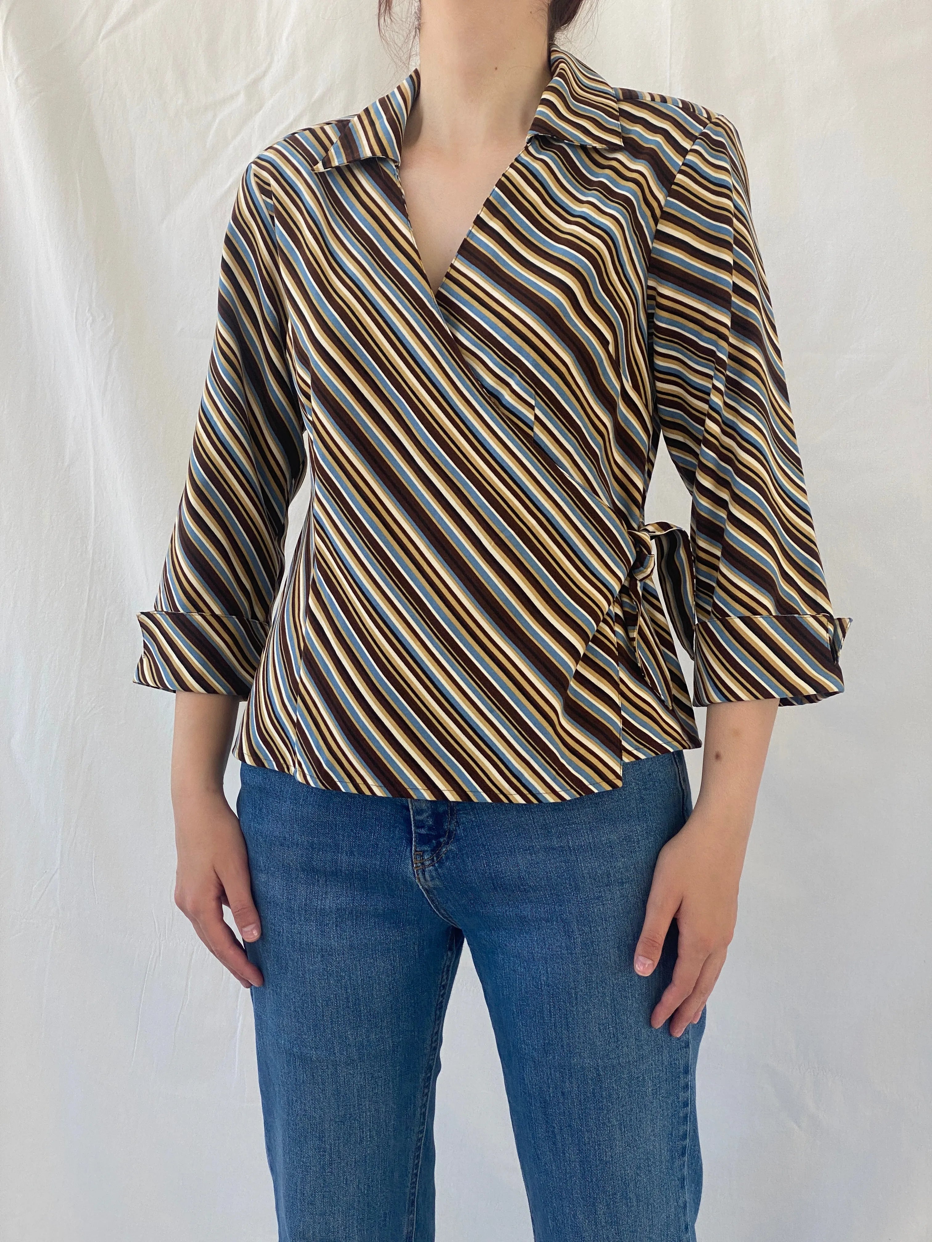 Vintage Selene Sport Striped Multi Colored Shirt Wrap Around Top - M - Balagan Vintage Full Sleeve Top Ayah, full sleeve shirt, Office core, shirt, striped, striped shirt, women shirt